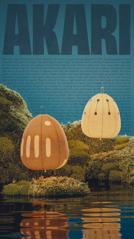 Large blue text reading 'AKARI' over a background of floating Japanese paper lanterns above a landscape with water and greenery. ISAMU NOGUCHI AKARI