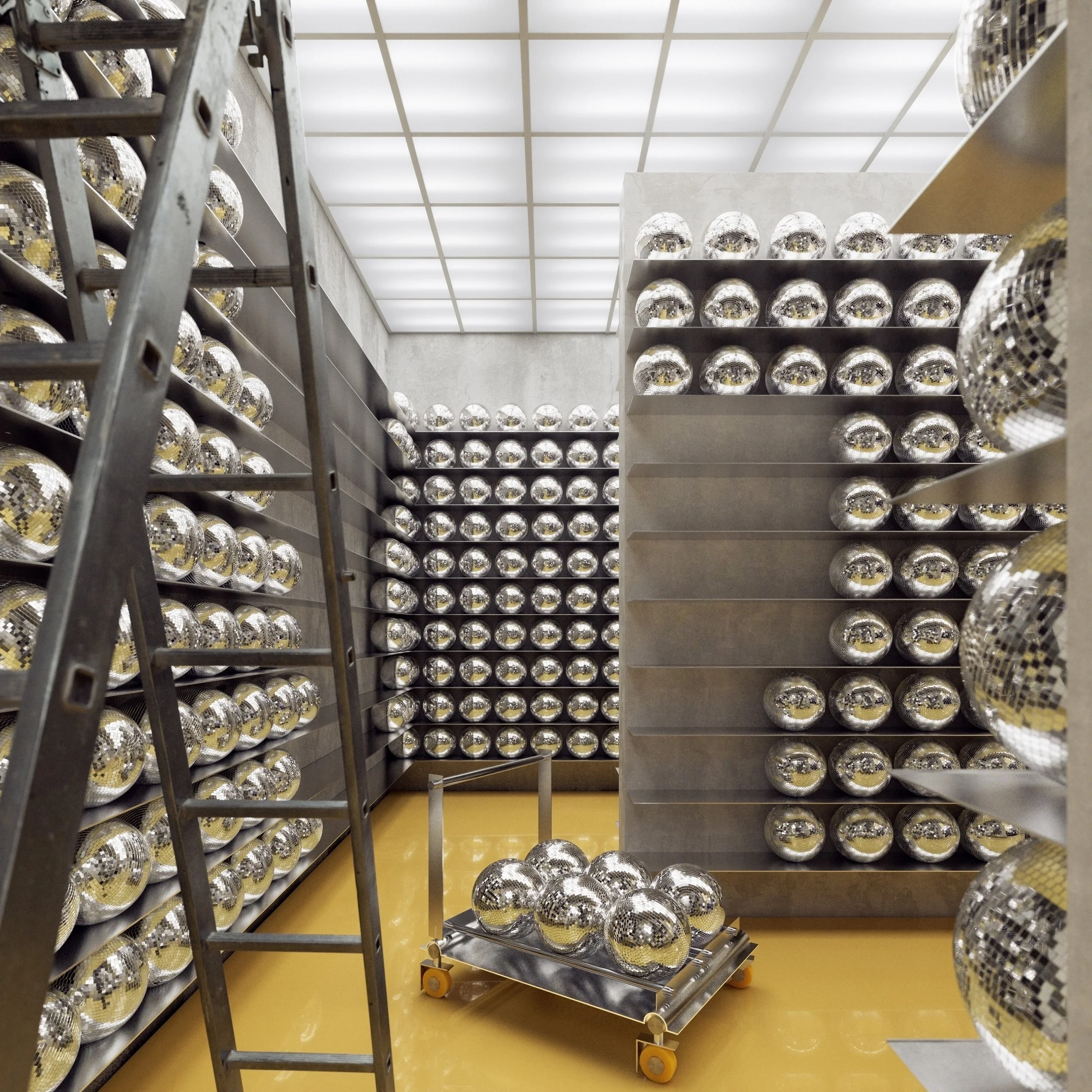 A storage room for discoballs. they are stacked across steel shelving, creating a rhythmic pattern of reflection within a bright interior.