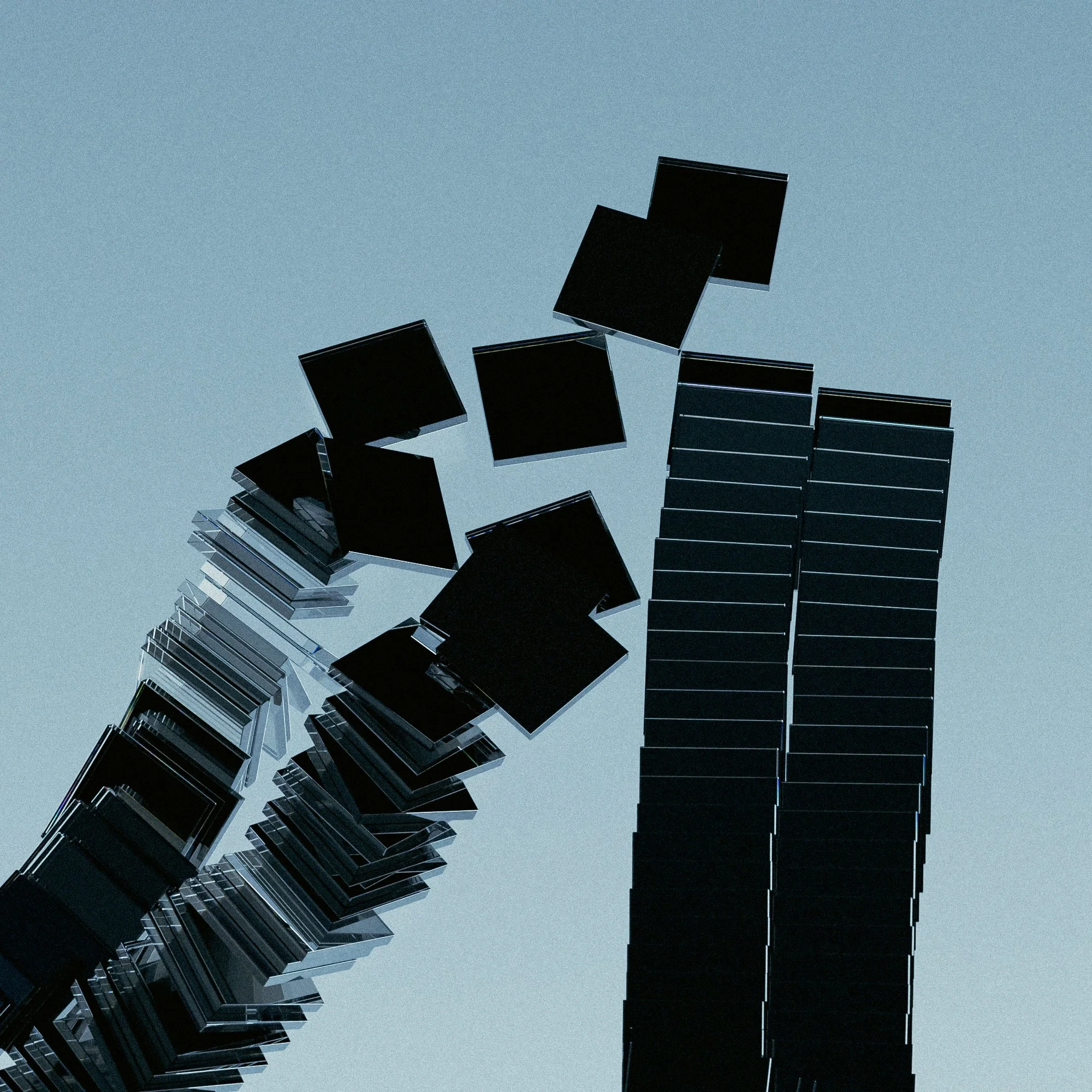 A close-up of a tall building made of stacked glass black squares and rectangles against a pale sky, with some elements seemingly in motion or disassembled.