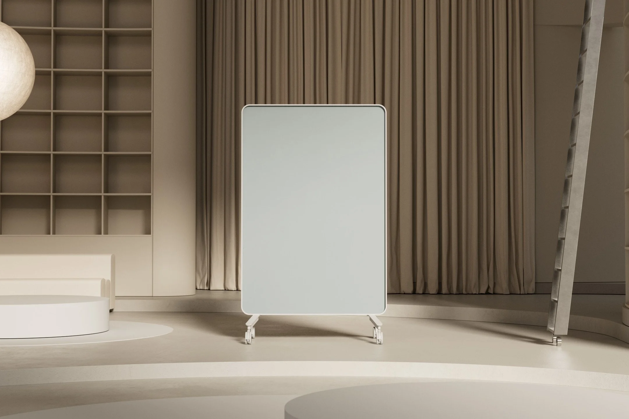Empty whiteboard on wheeled stand in modern room with beige curtains, shelving unit, and ladder.