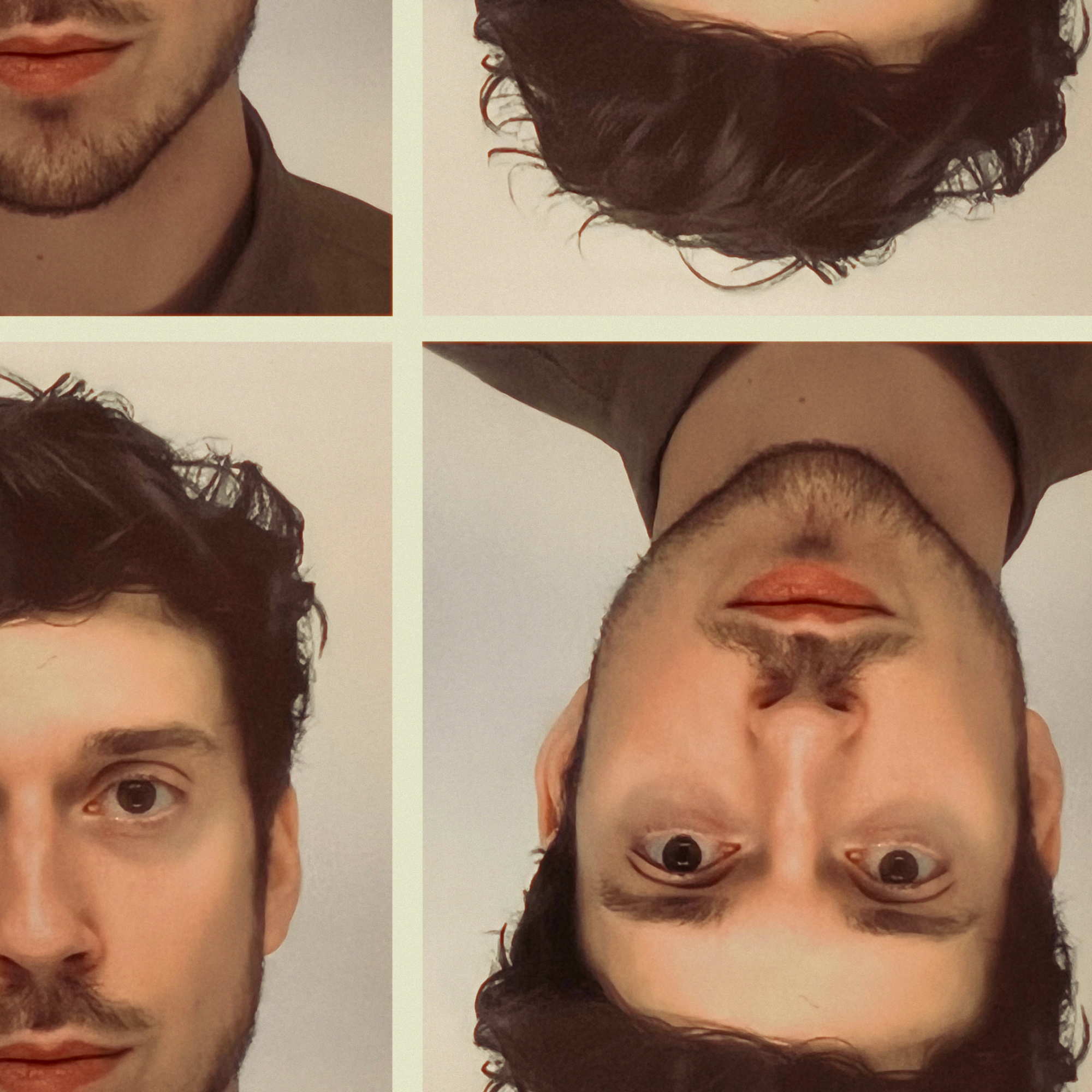 A collage of four close-up photos showing two men, one with darker hair and beard and the other with lighter hair and clean-shaven, in different orientations with various facial expressions.