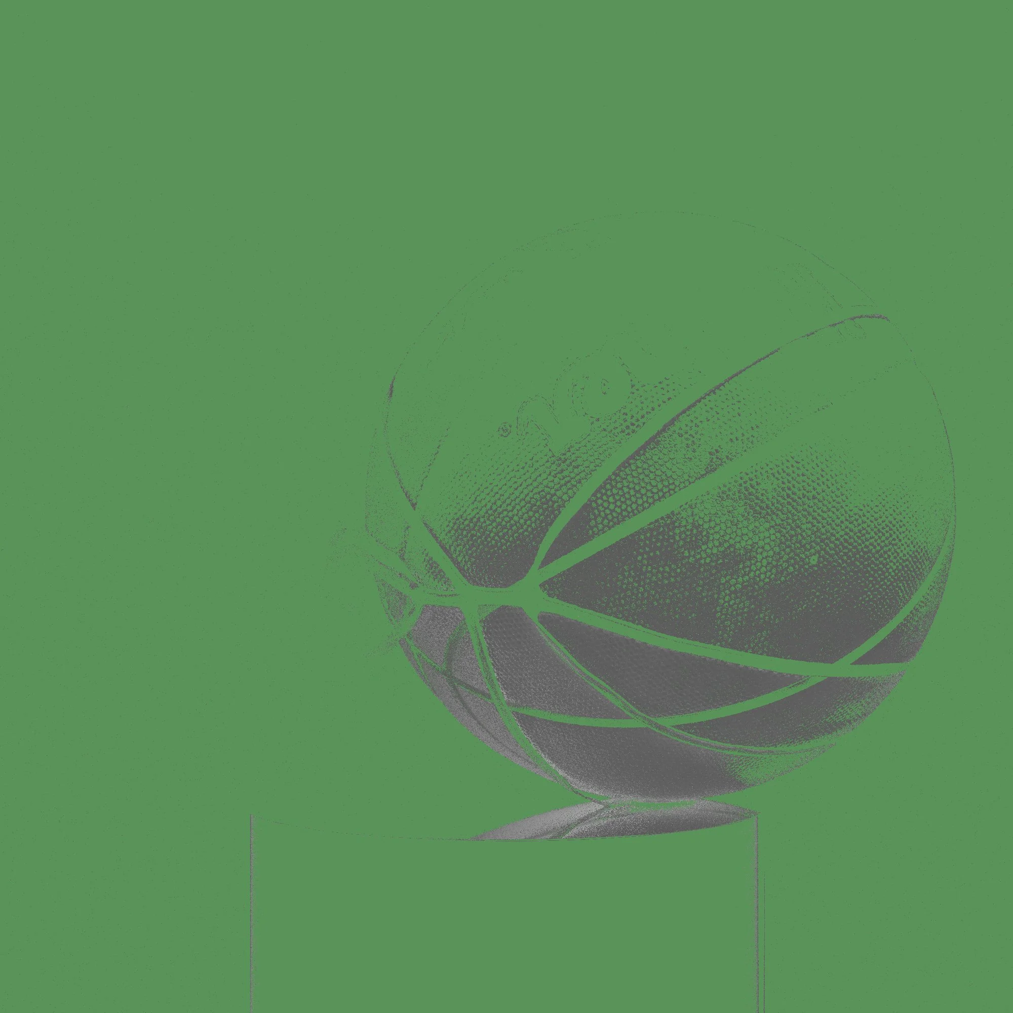 A glossy black basketball with green lines on a green background.