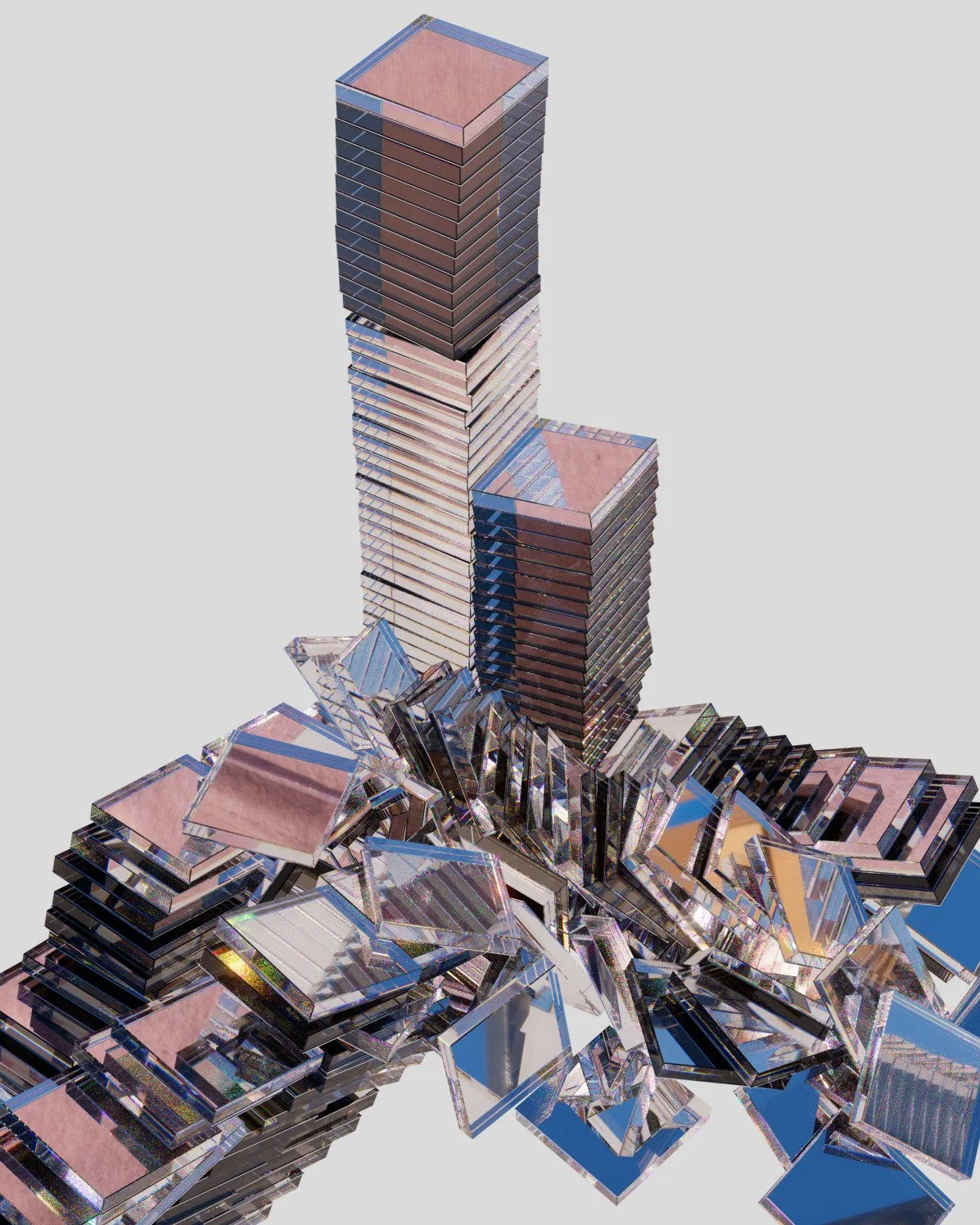 Abstract digital rendering of shattered glass with skyscraper reflections, arranged in a chaotic pattern.