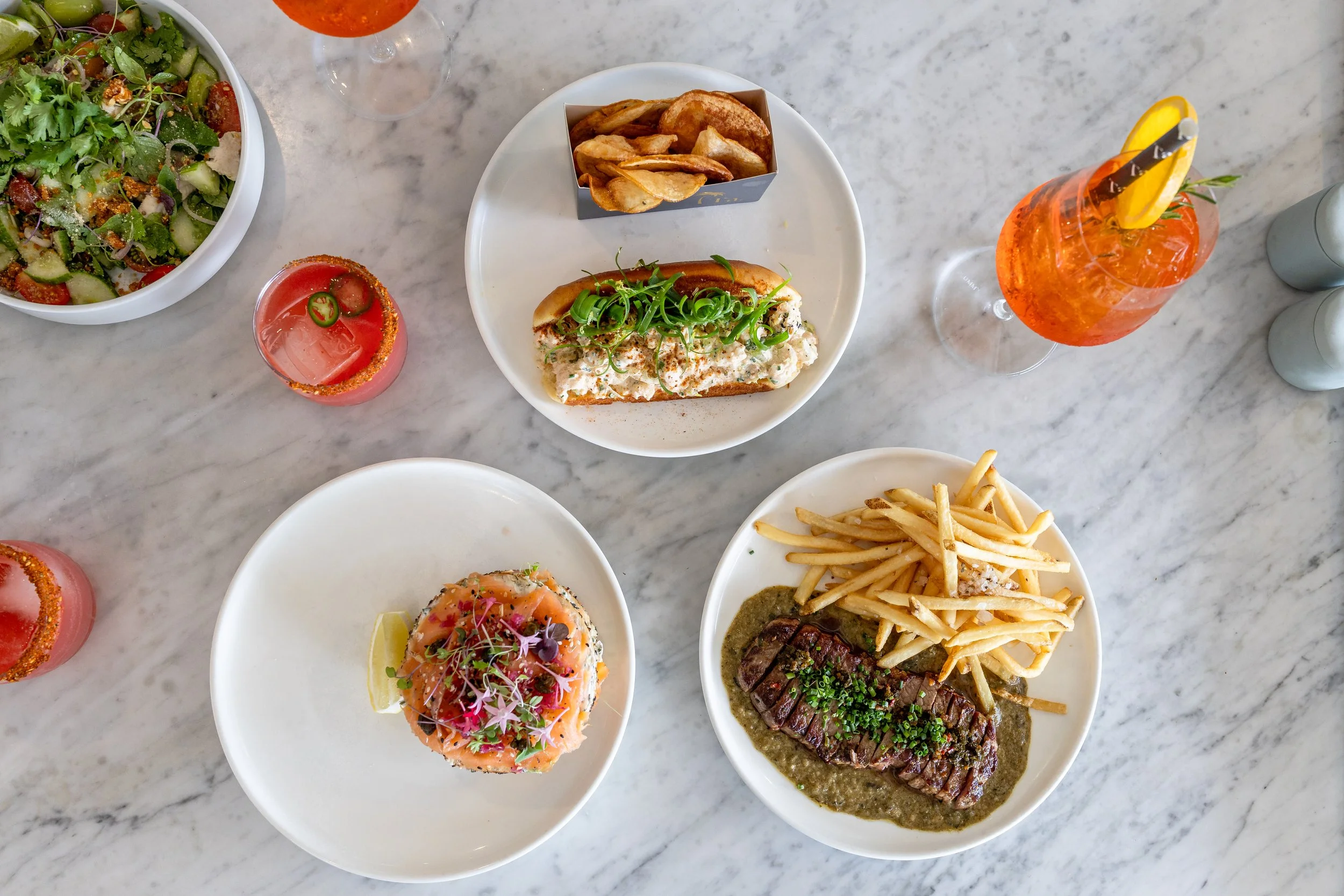 restaurant lunch, steak, Aperol, lobster, salmon, margarita