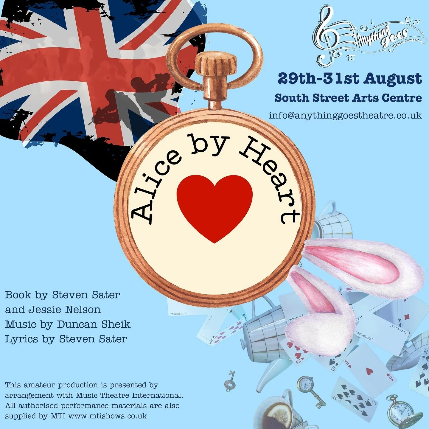 Alice by Heart  South Street Arts Centre
Director / Producer / Artwork &amp; Graphics Designer 
August 2024
Anything Goes Theatre Company

📸- Michael Gribble
