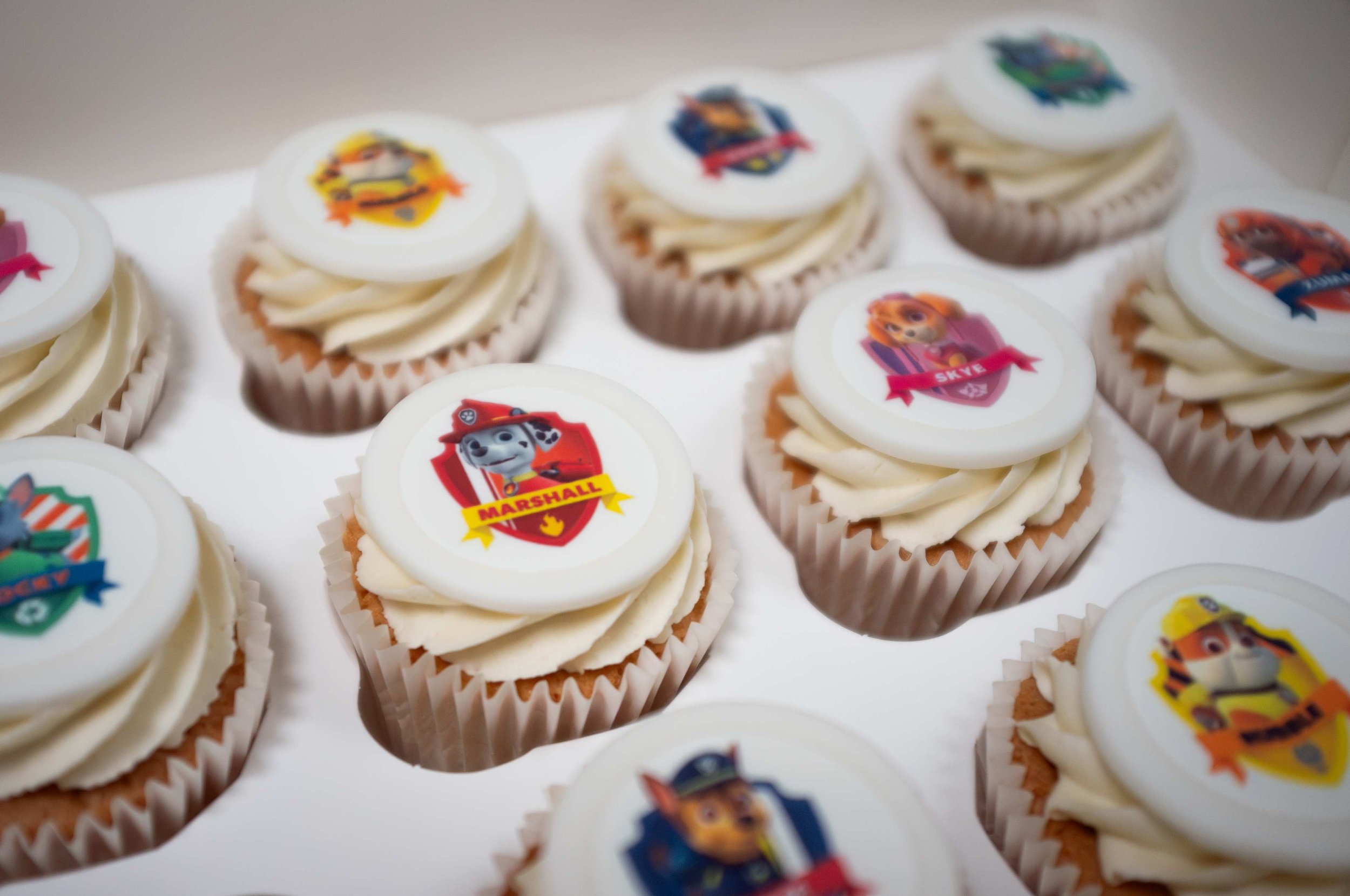 Paw Patrol character cupcakes with edible printed toppers