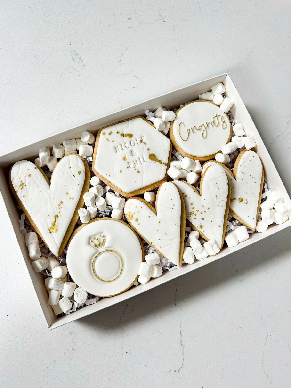 Engagement congratulations white and gold biscuit gift box - vegan