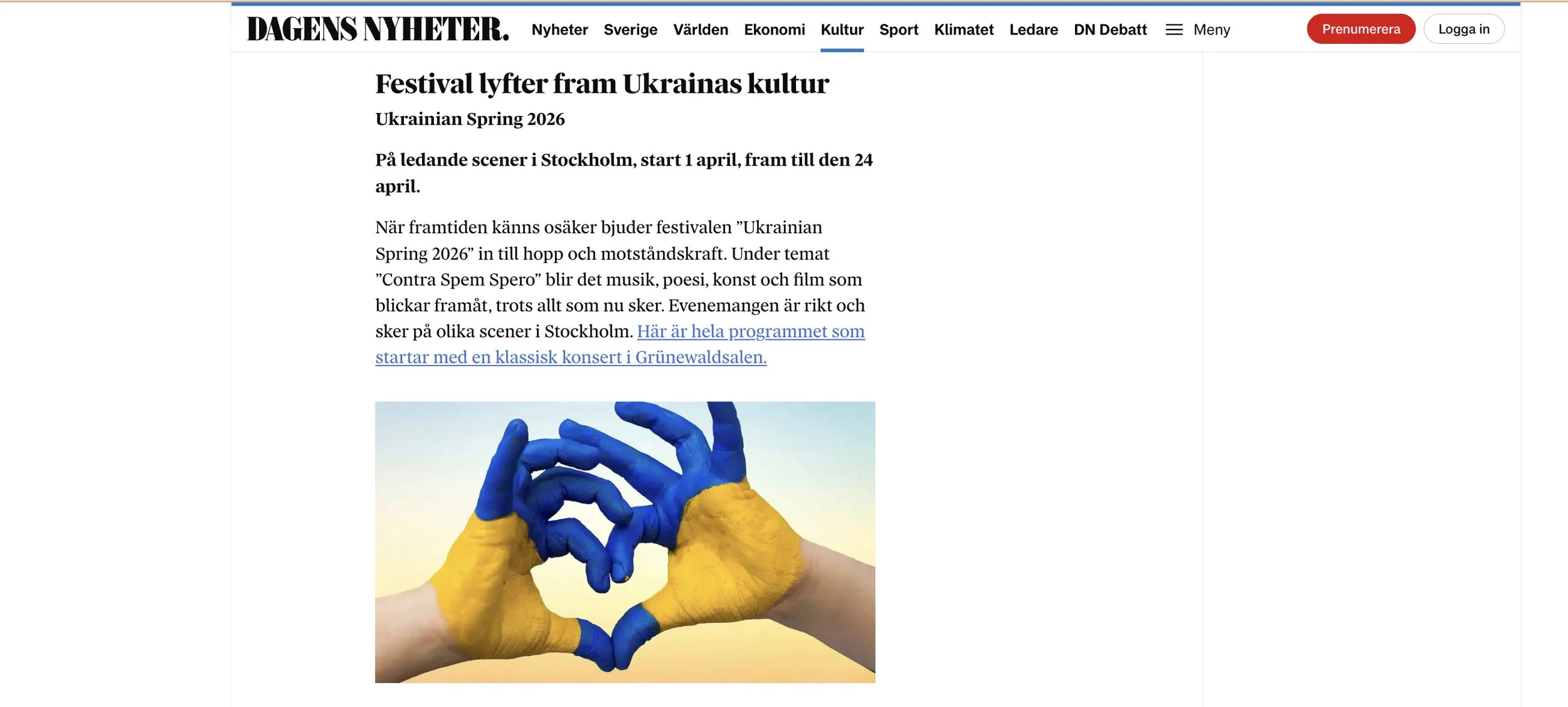 Dagens Nyheter lyfter fram European Festival: Ukrainian Spring 2026