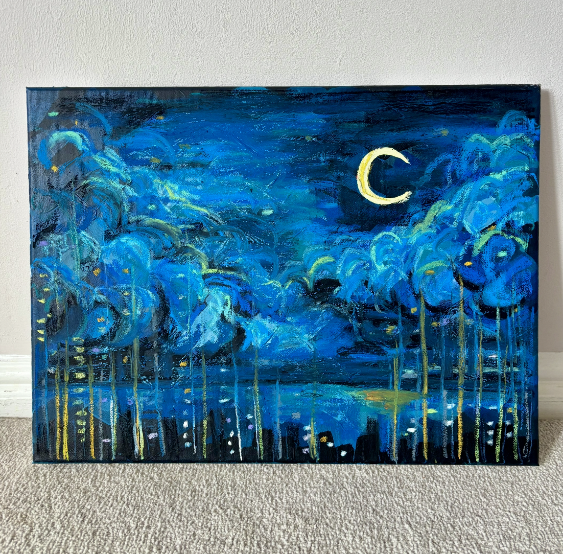 Never Dark — Original Mixed Media Painting, Hong Kong Night Sky, Cityscape Wall Art, Acrylic and Oil Pastel on Canvas