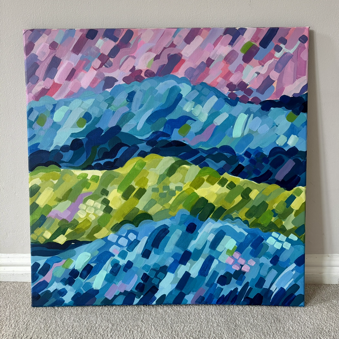 Still Glowing - Original Acrylic Landscape Painting — Expressive Hills and Sky, British Countryside, 50x50 canvas