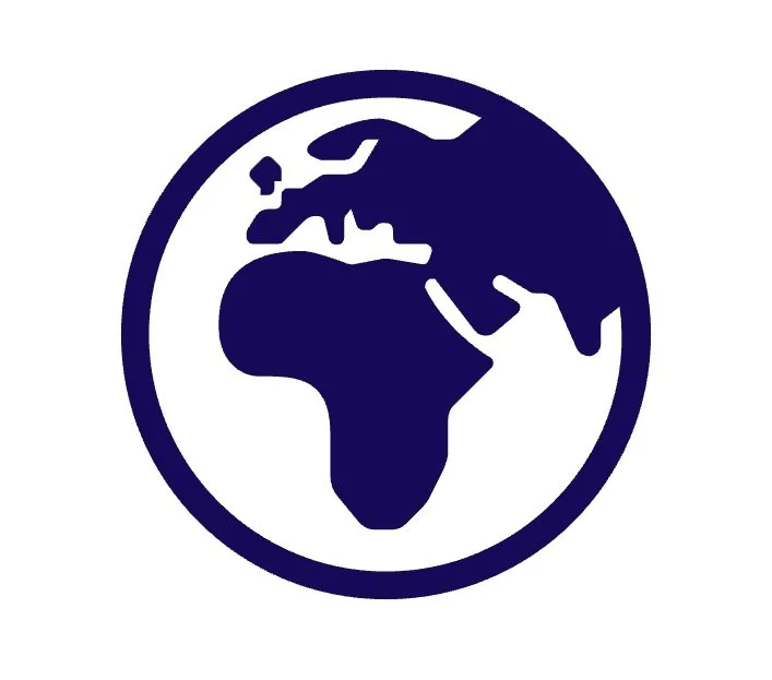 Illustration of a globe showing Africa, Europe, and parts of Asia in dark blue within a white circle outline.