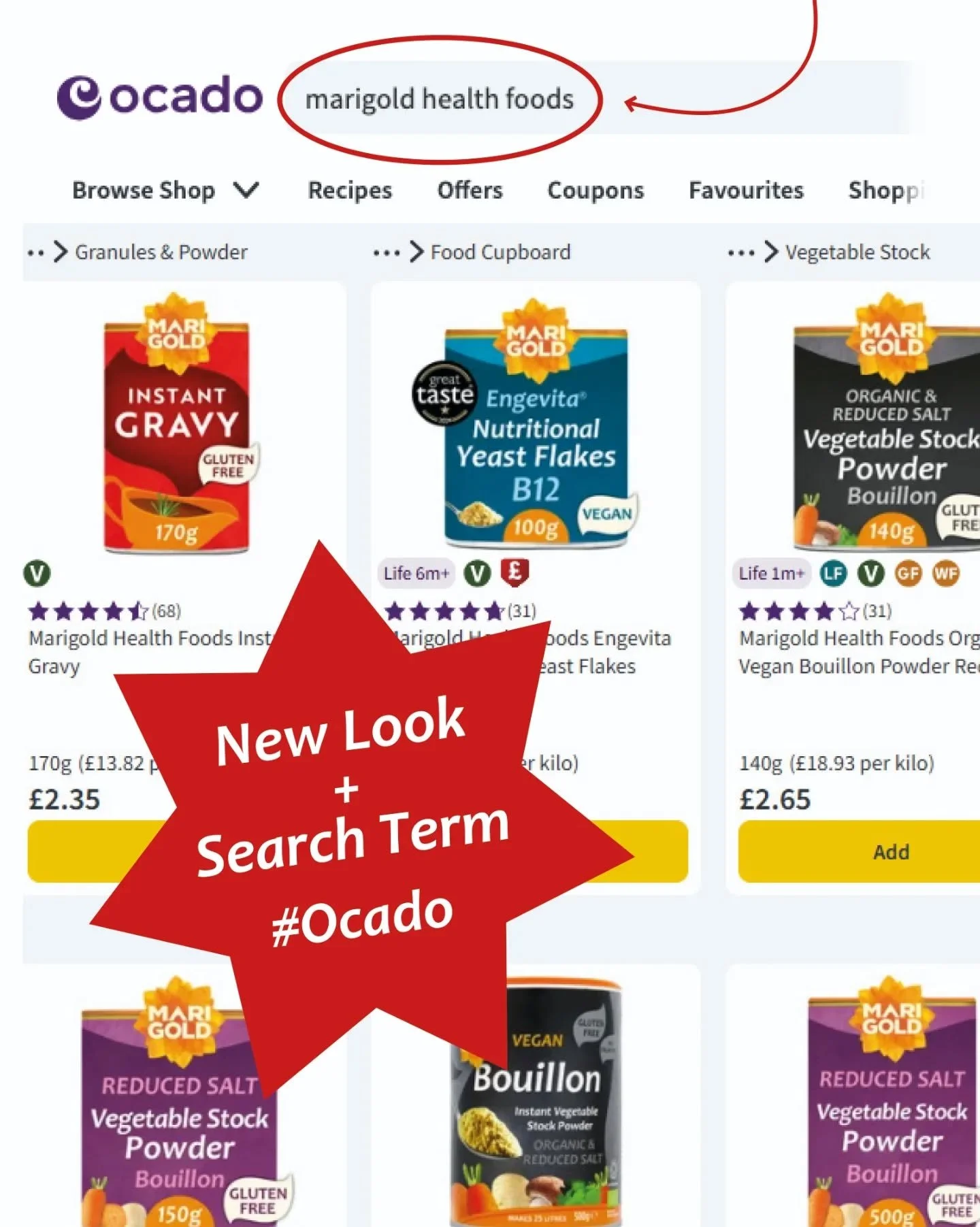 Fab news if you shop us on @ocadouk 
🚚
You can now search just Marigold Health Foods to see all the goodies come up

New imagery too - do you like them? We hope they are much clearer and make your life easier😀

16 vegan food products incl 650g nutr