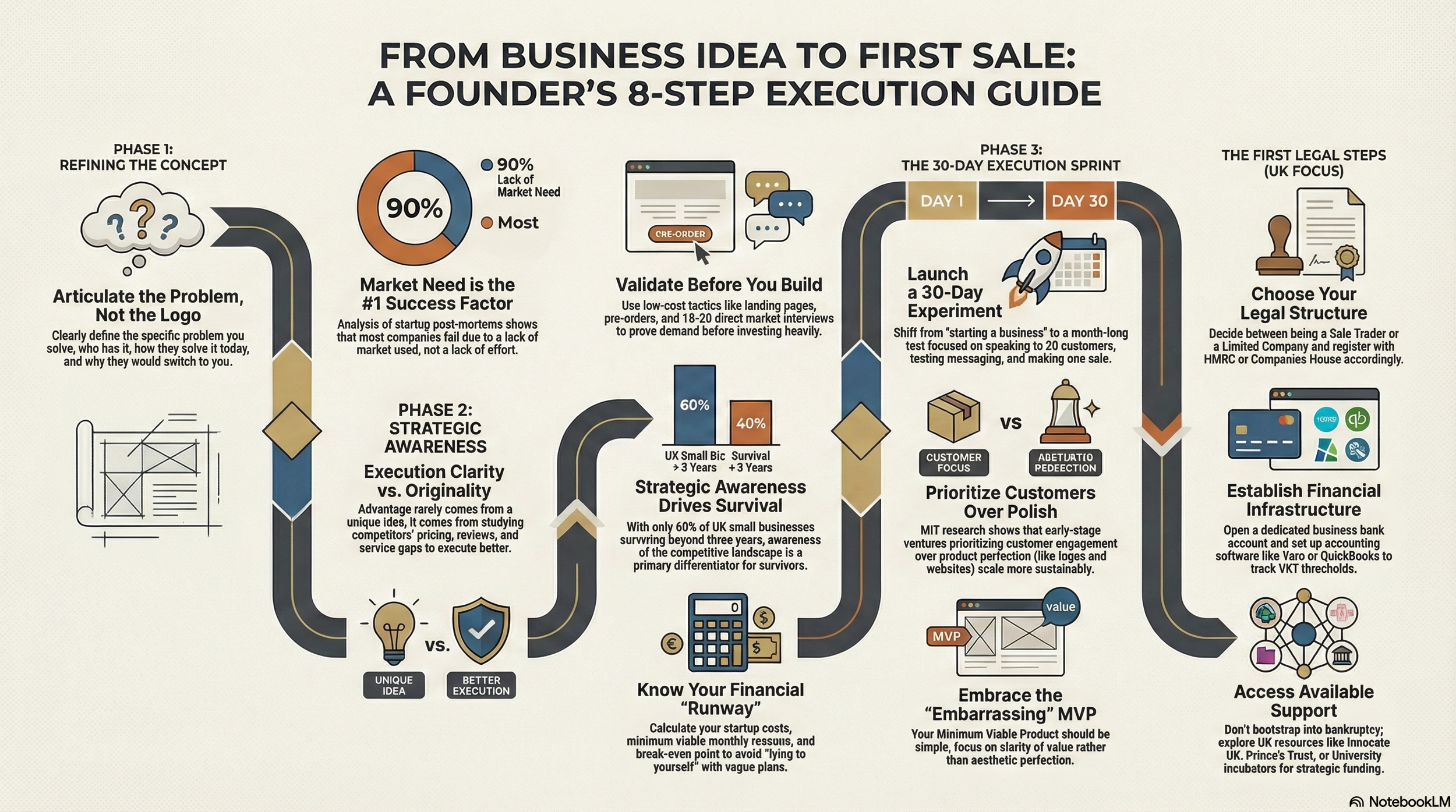 an 8 step execution guide for bringing your business idea through to first sale. a roadmap of what entrepreneurs need to do to start a business.