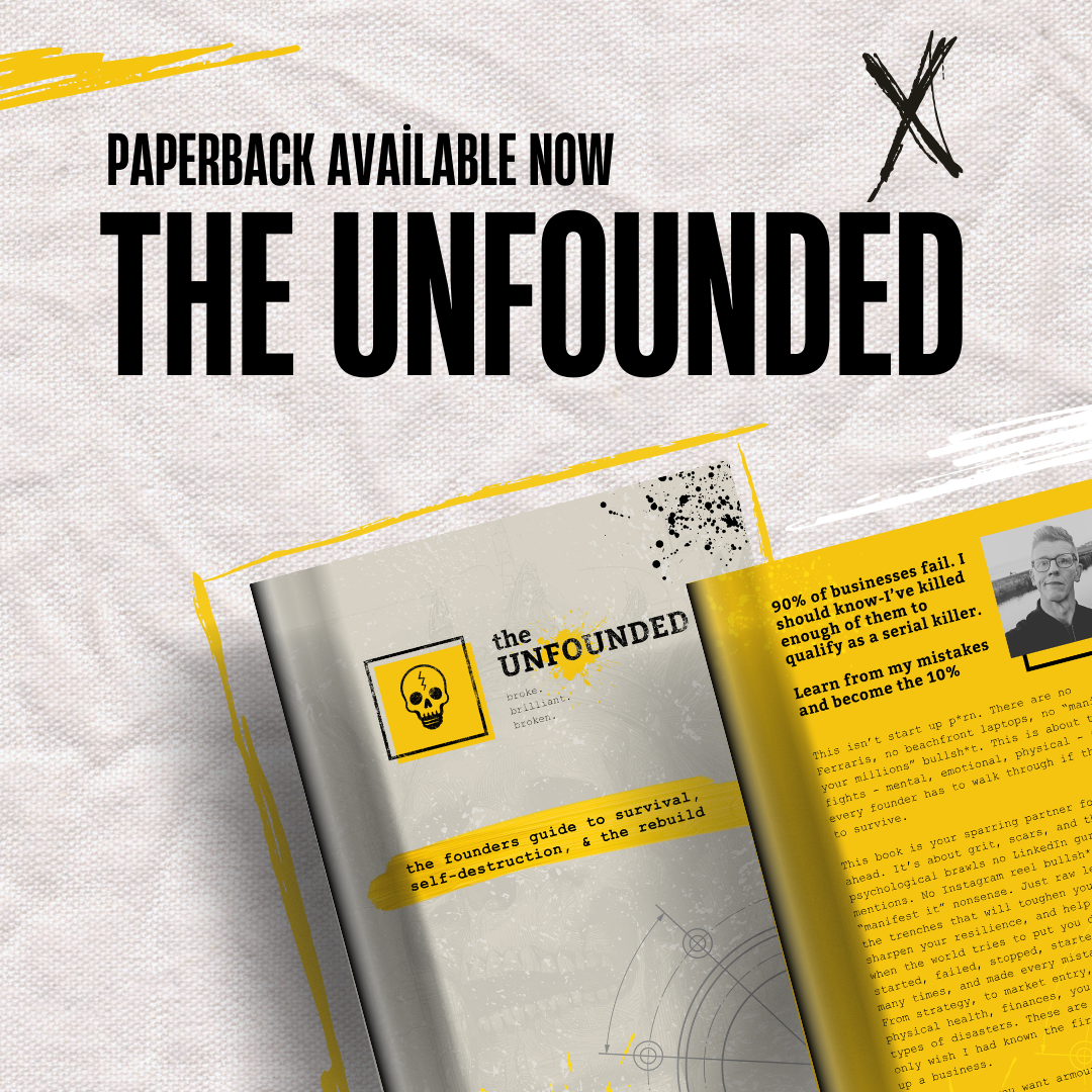 An open book titled "The Unfounded" with a skull icon and yellow highlights, placed on a textured background, with promotional text about the book's availability.