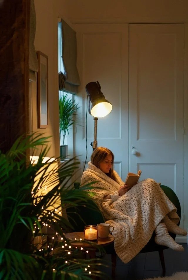 A person sitting in a cozy room reading a book, wrapped in a blanket, with a lamp overhead and a candle on a small table in front of them, surrounded by plants and warm lighting.