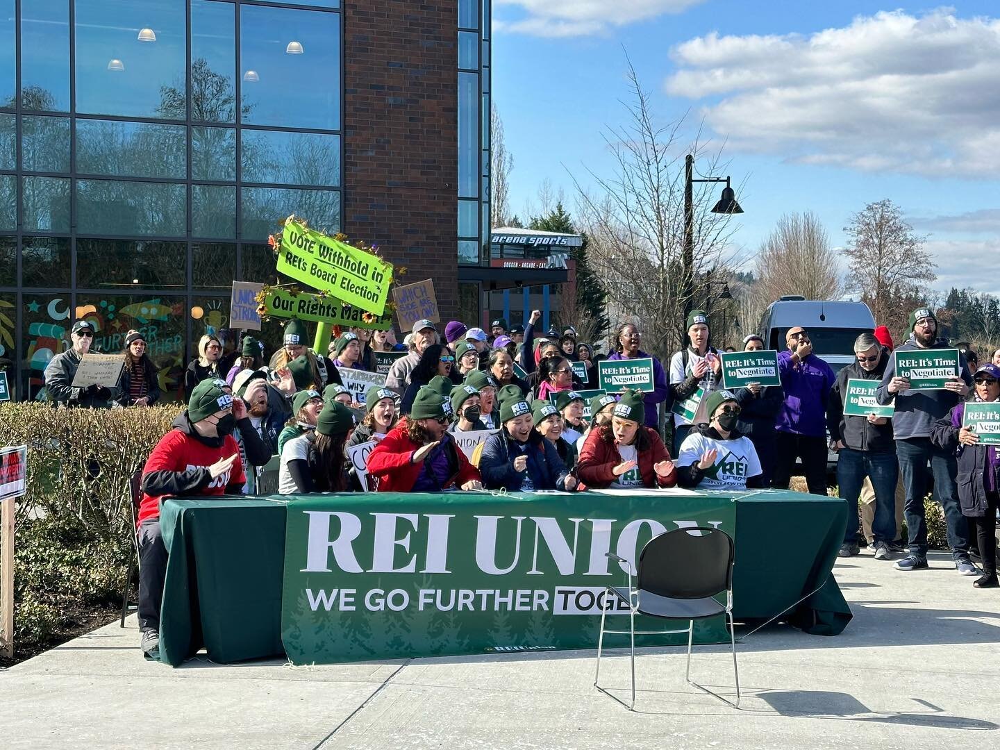 Today, we joined our @reiunion siblings from all nine unionized @REI stores and marched on headquarters with a simple message: come out and commit to bargaining a contract in 2024! We&rsquo;re fed up with REI&rsquo;s bad faith negotiating: switching 
