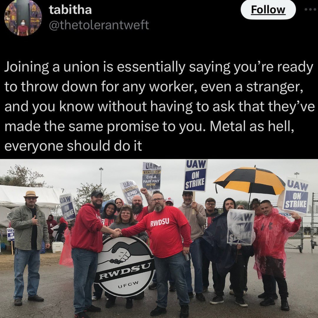 Solidarity really is metal as hell. (featuring #RWDSU members on the picket line in Ohio during the @uaw.union #StandUpStrike last year!) #1u #solidarityforever