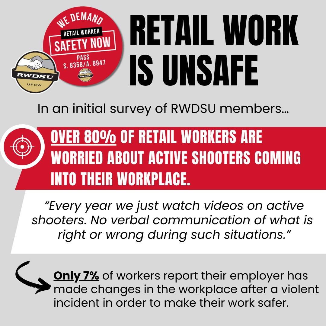 In an initial survey of #RWDSU members and retail workers, it&rsquo;s very clear that retail workers feel unsafe. But the provisions of the #RetailWorkerSafety Act &ndash; installing panic buttons, requiring employers to create violence prevention pl