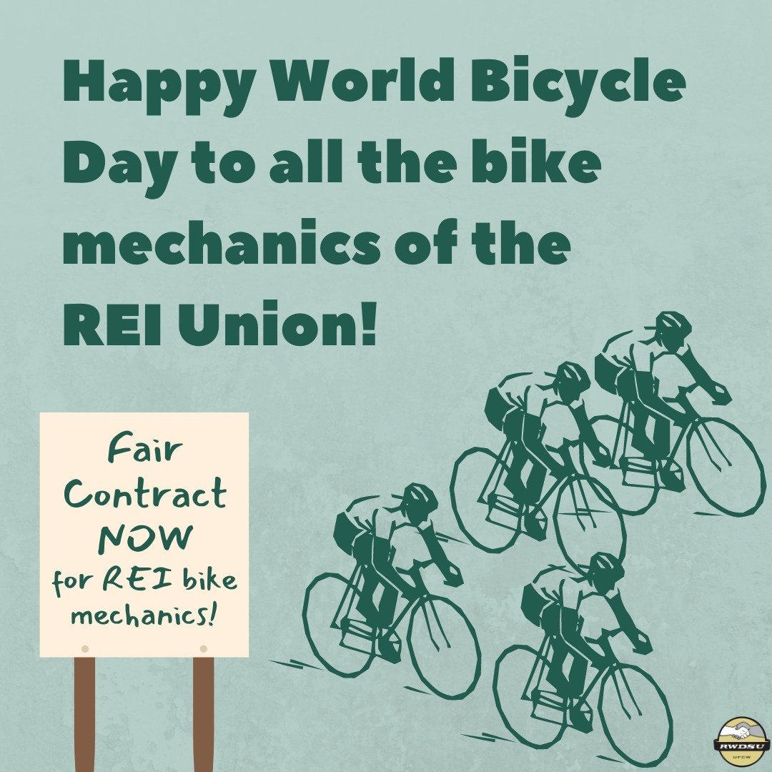 #REI workers are famous for their green vests and expertise &ndash; and nowhere is that truer than in the BIKE SHOP! Happy #WorldBicycleDay to all the incredible bike mechanics of the @reiunion! These workers deserve a fair contract NOW! Adopt A Stor