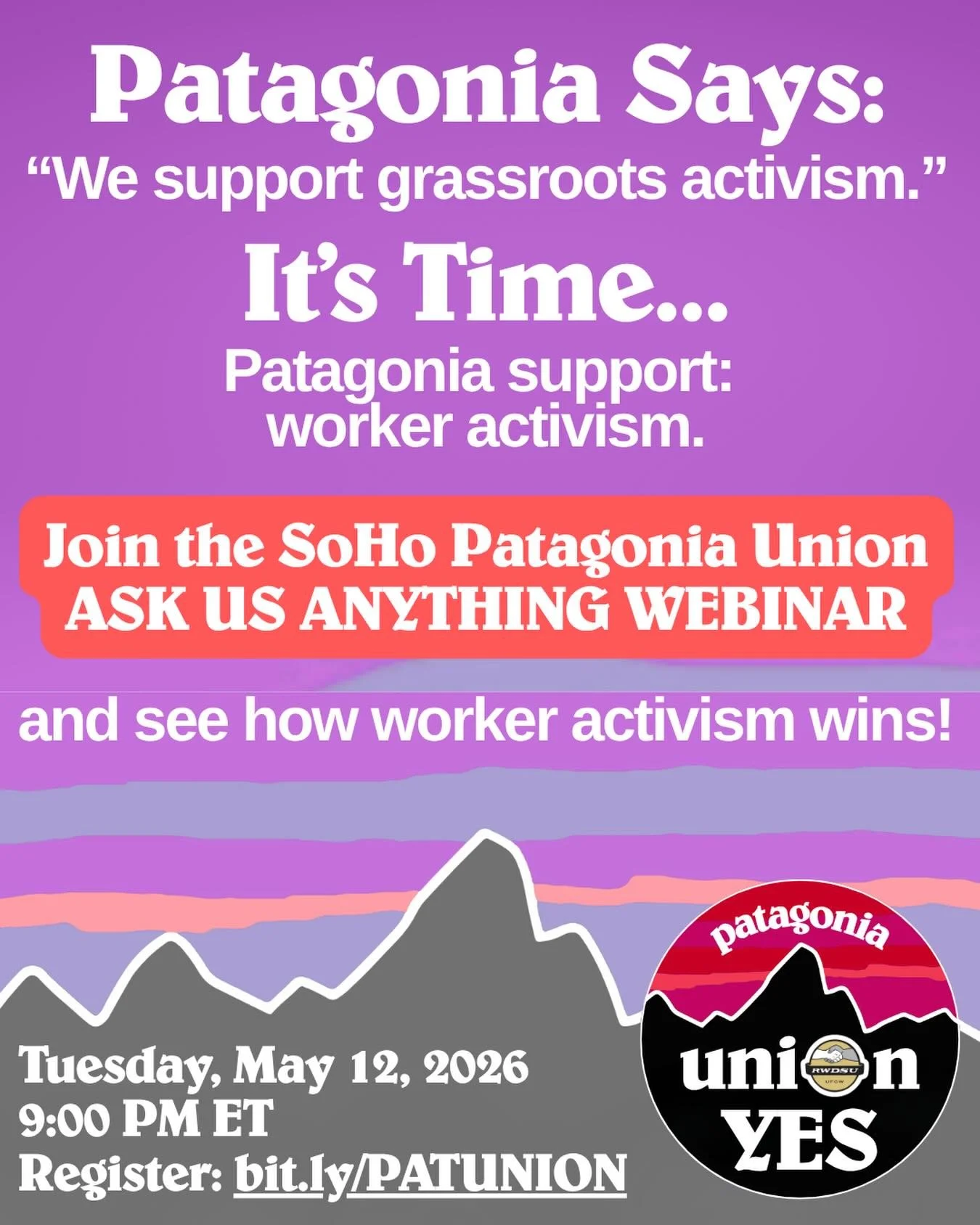 If you&rsquo;re seeing your PTO, healthcare, or winter breaks vanish, you aren&rsquo;t alone. Join us for a peer-to-peer webinar to learn how a union contract can protect the culture we love @patagoniaunion. 🗓 Tuesday, May 12 @ 9PM ET 🔗 Register bi