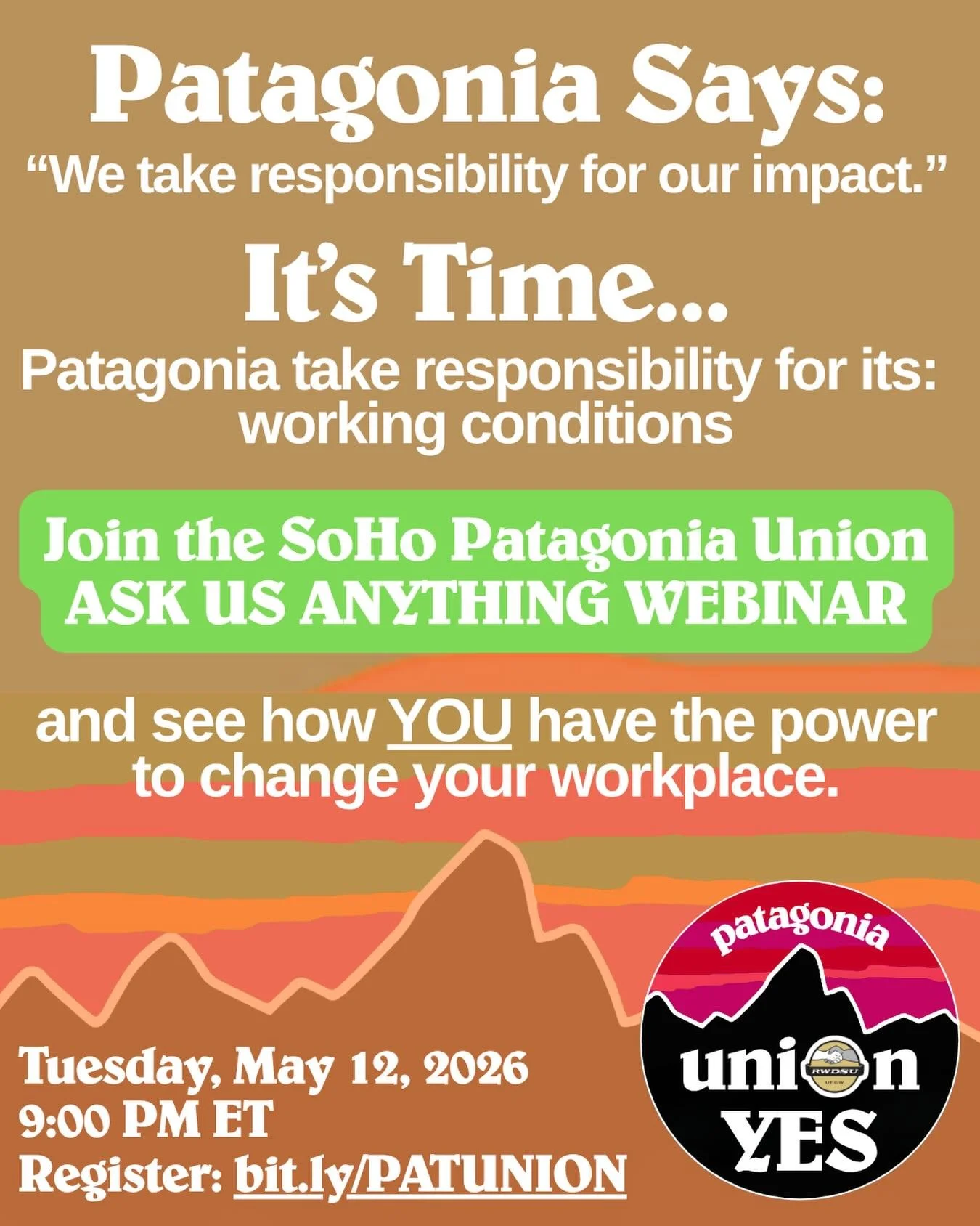 If Patagonia&rsquo;s mission is about sustainability, why were our benefits being stripped away? 🌎 We&rsquo;re the SoHo, NY @PatagoniaUnion workers who voted &lsquo;Union Yes&rsquo; to hold the brand accountable to its own values. We organized to ma