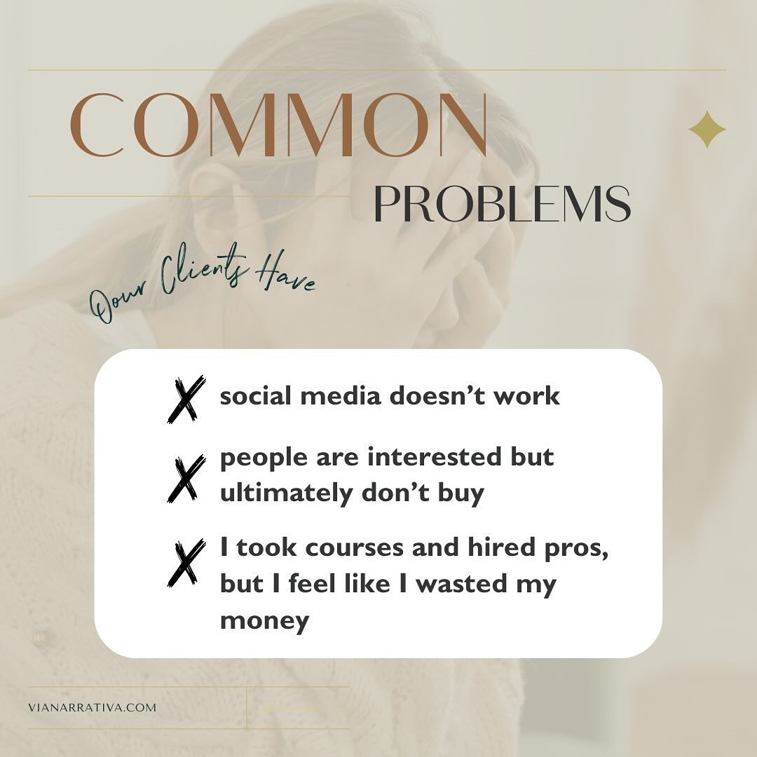 ❌ Social media doesn&rsquo;t work

❌ I took courses and hired pros, but I feel like I wasted my money

❌ People are interested but ultimately don&rsquo;t buy from me. 

Sound like you? We fix these common issues because we see the big picture. Stop w