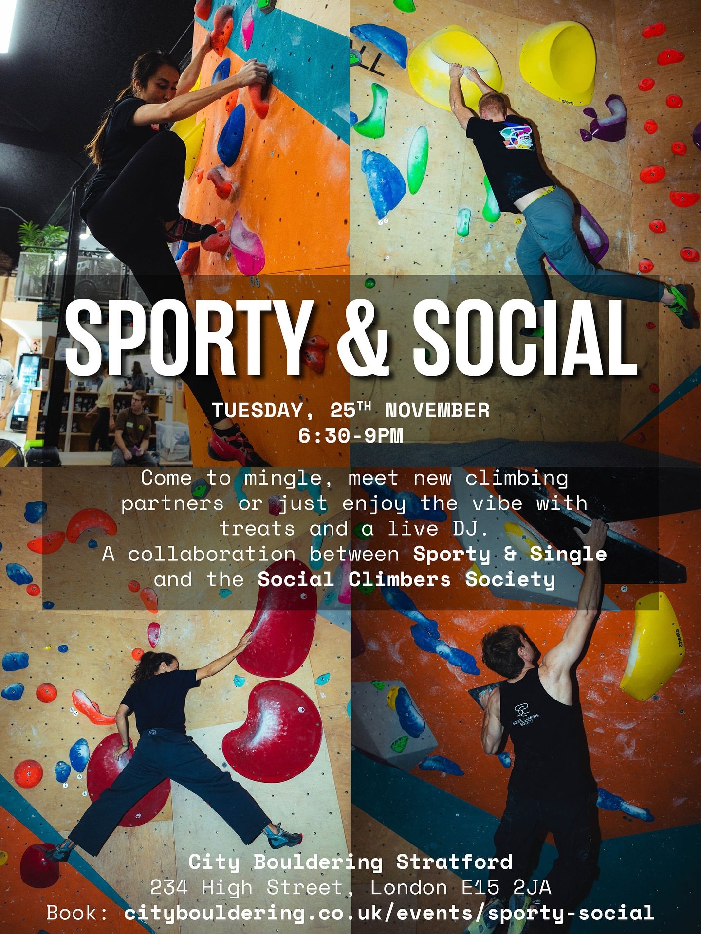 Last few days to grab your &pound;10 earlybird tickets to our last Sporty &amp; Social of the year at @cityboulderingstratford 

Tuesday, 25th November, from 6:30pm. 

Come mingle, meet new (climbing) partners, enjoy treats and a live DJ!

Book via l