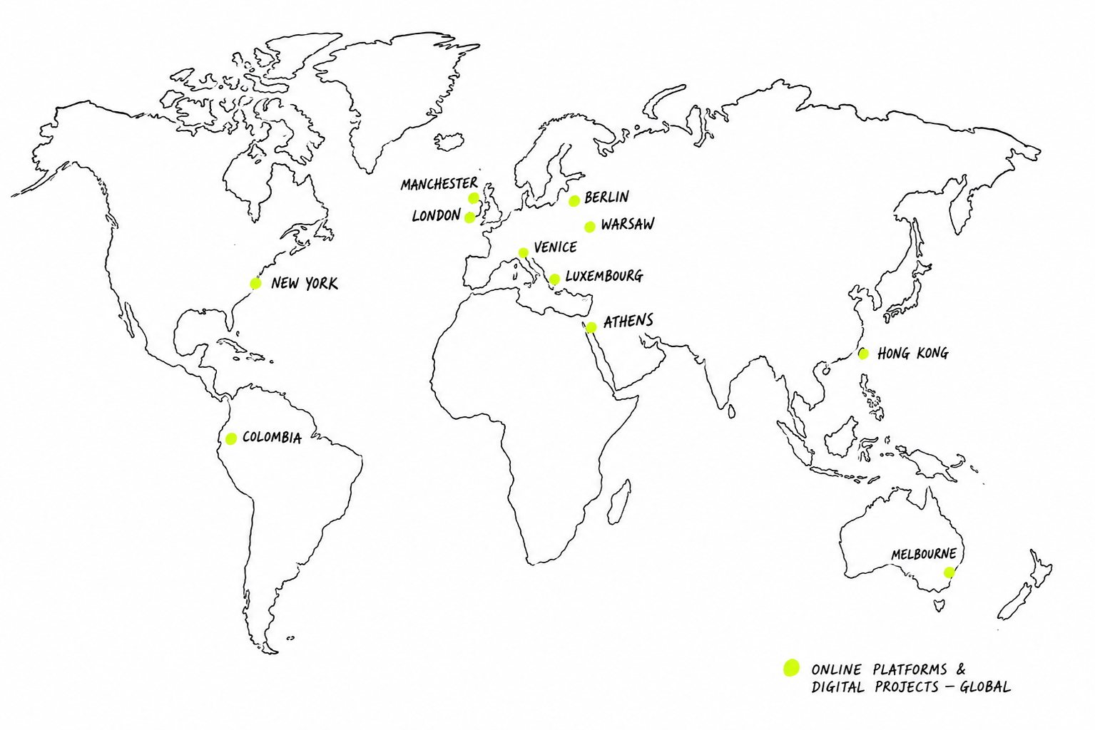 A world map showing the locations of various online platforms and digital projects marked with green dots. Locations include New York, Colombia, Manchester, London, Berlin, Warsaw, Venice, Luxembourg, Athens, Hong Kong, and Melbourne. The map is black and white with the locations labeled in black text.