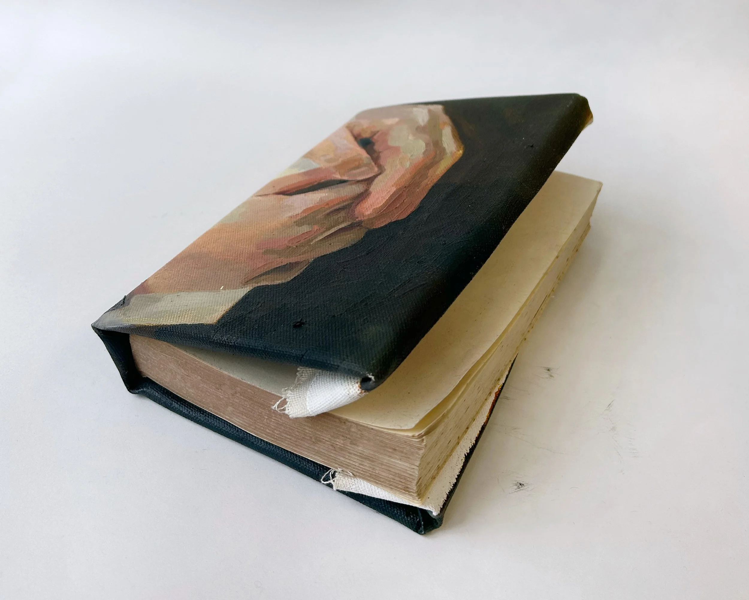 Holding The Book That's Lost Its Cover, Iteration 2, oil on canvas, book block, 23 x 15 cm, 2024