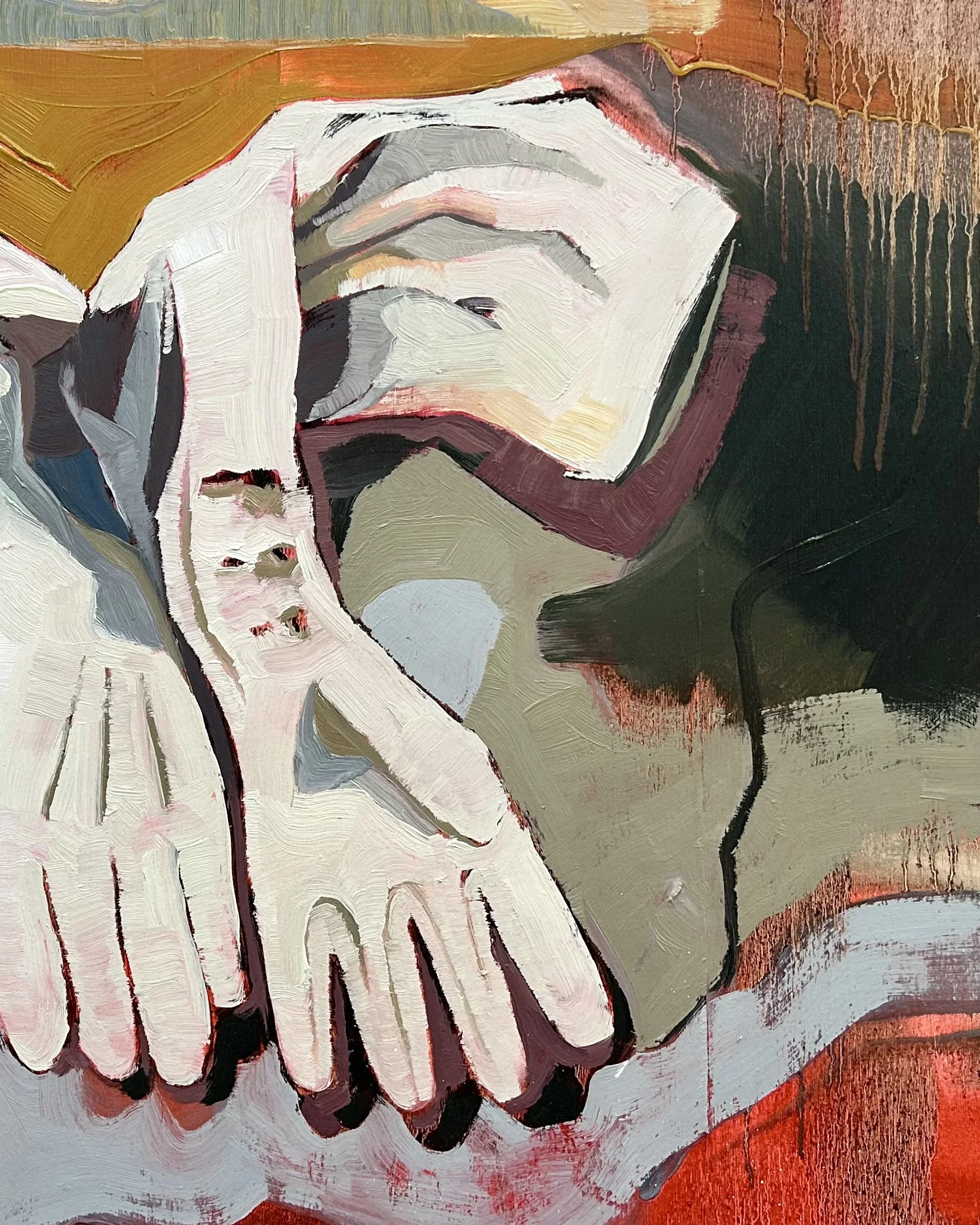 DETAIL OF: Leather Gloves, Dead Swan, Weather Systems, oil on plywood, 61 × 122 cm, 2025