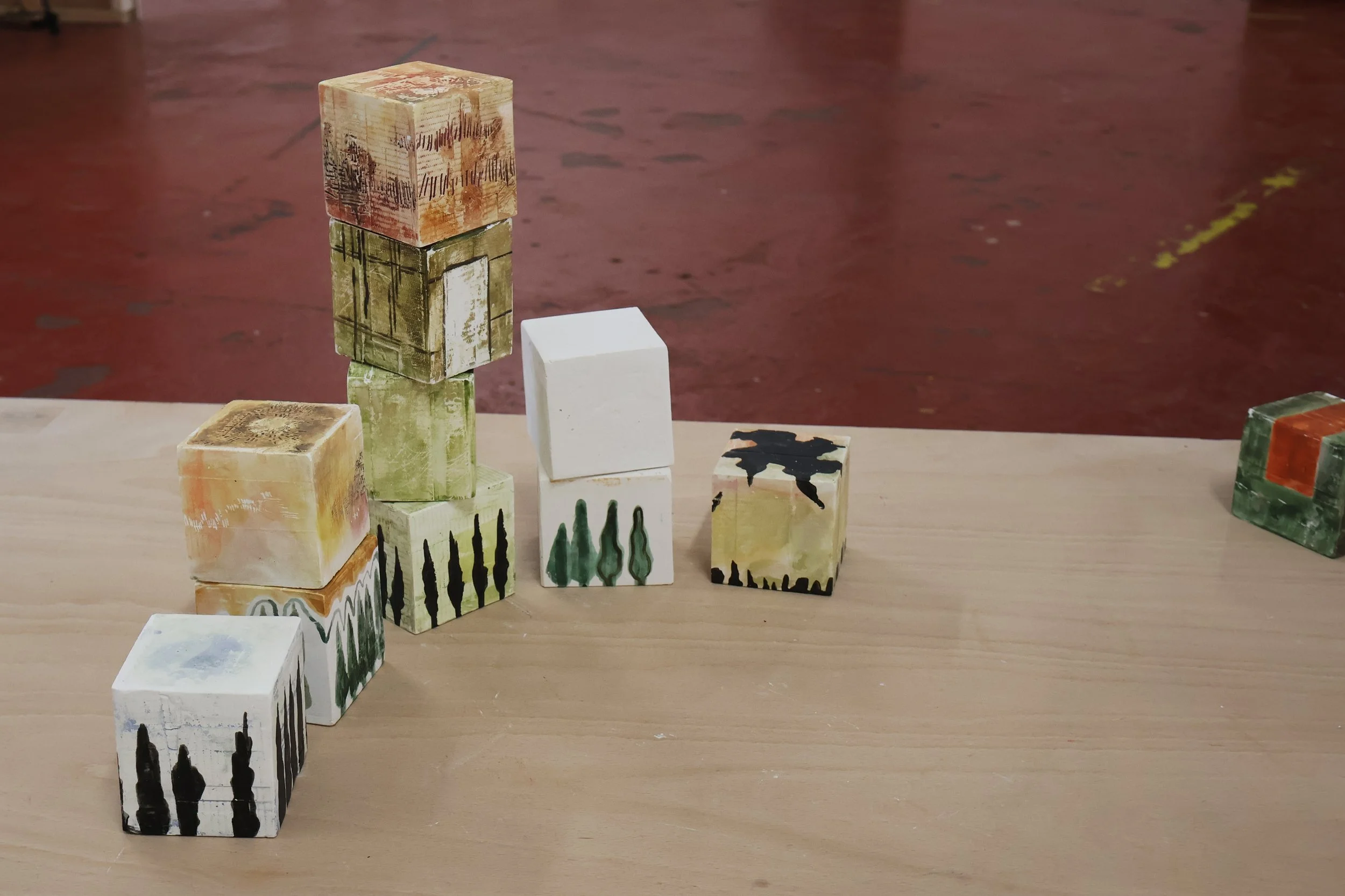Blocks, acrylic on plaster, each 9 x 9 x 9 cm, 2026 (installation view from 'Interim' exhibition at Fusion Arts, March, 2026)
