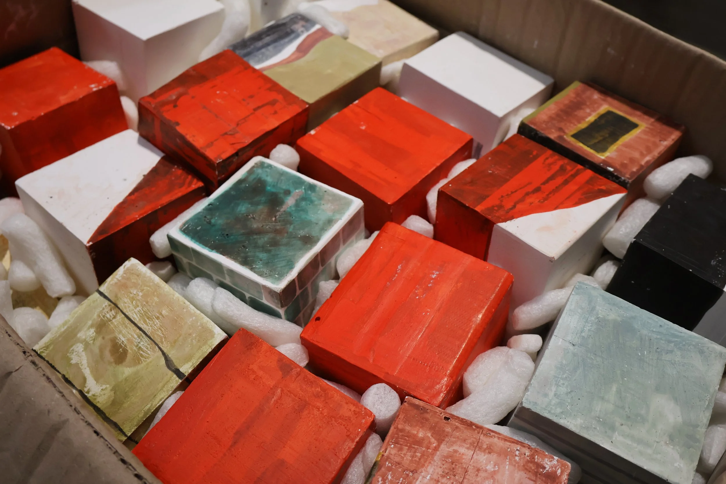 Blocks, acrylic on plaster, each 9 x 9 x 9 cm, 2026