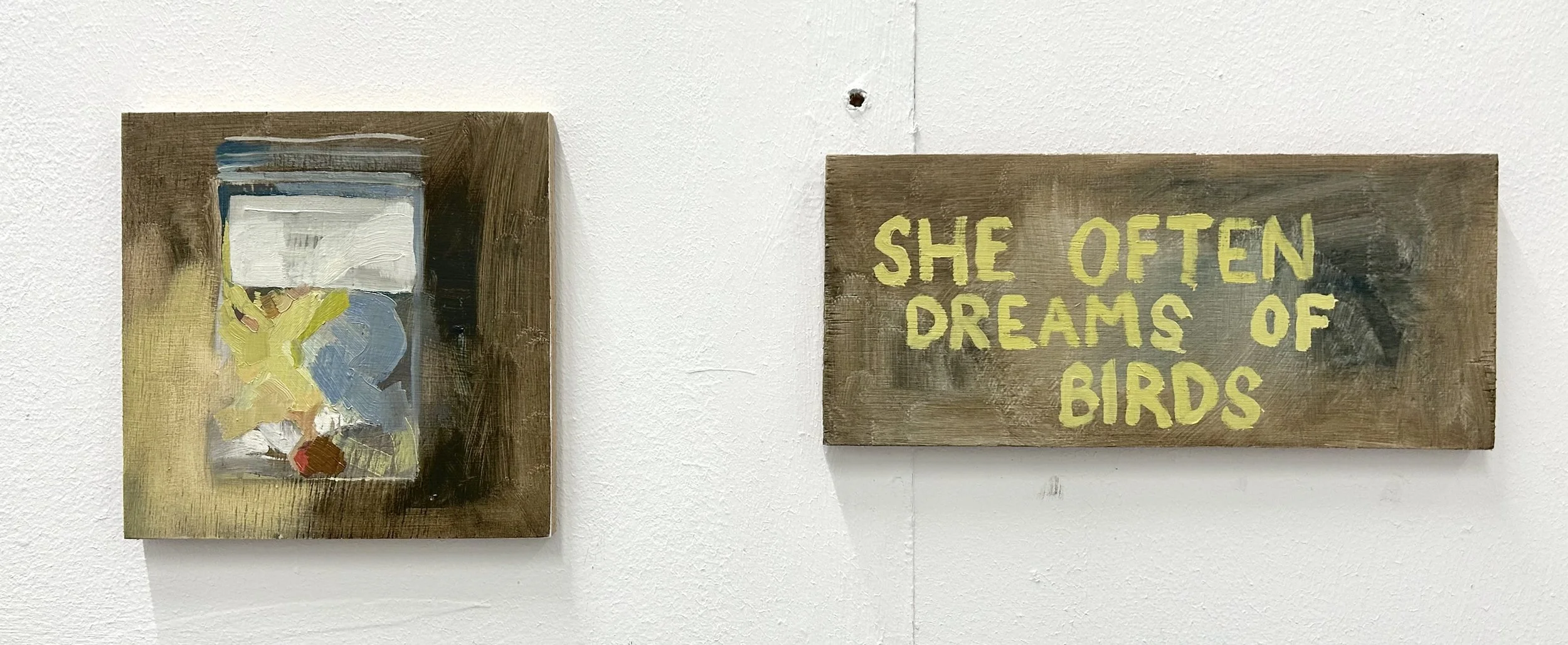 She Often Dreams of Birds, Iteration 2 (Seed Bag), oil on plywood, 15 x 15 cm, 10 × 23 cm, 2024