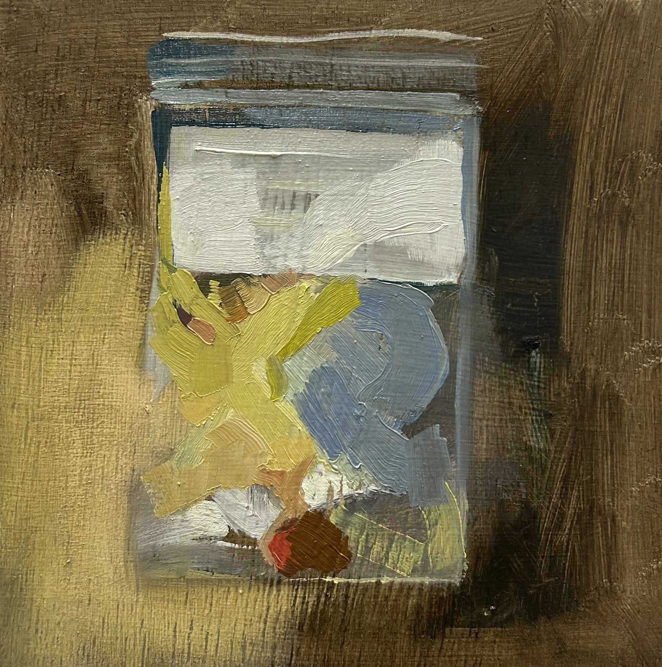 DETAIL OF: She Often Dreams of Birds, Iteration 2 (Seed Bag), oil on plywood, 15 × 15 ст, 2024