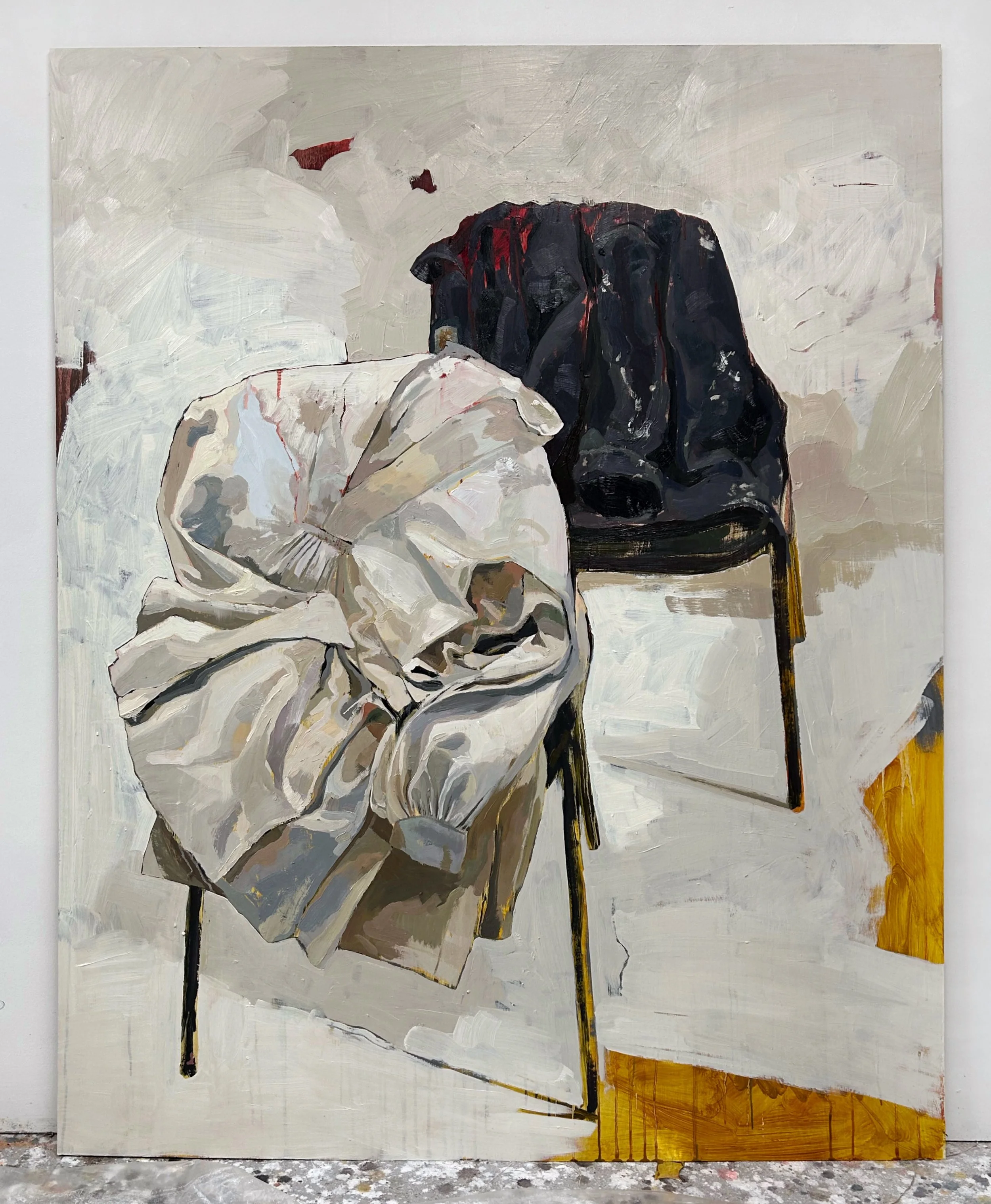 Linen Workwear Dresses and My Painting Jacket on Studio Chairs, oil on plywood, 152 x 122 cm, 2025