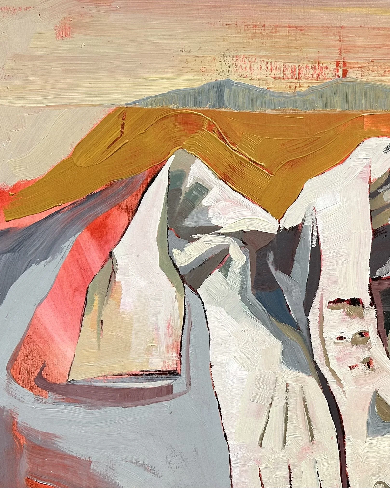 DETAIL OF: Leather Gloves, Dead Swan, Weather Systems, oil on plywood, 61 × 122 cm, 2025