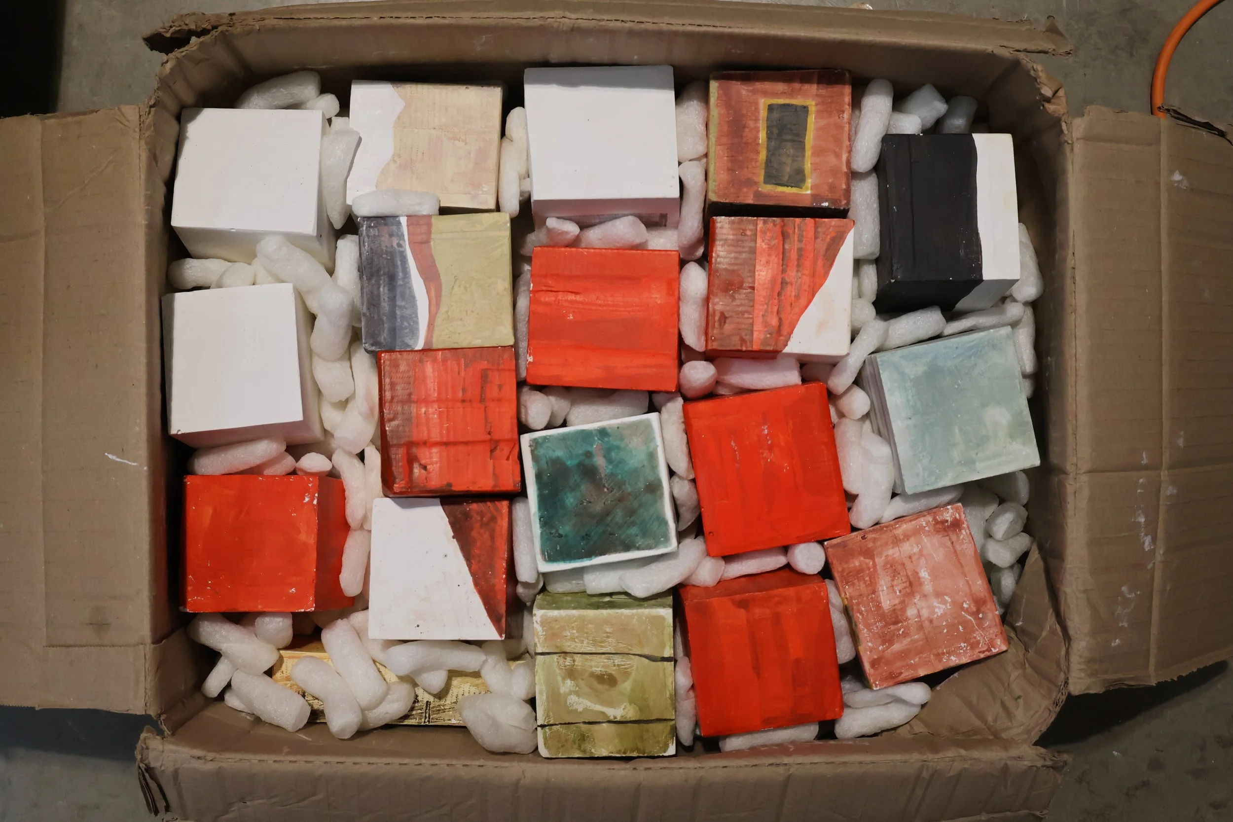 Blocks, acrylic on plaster, each 9 x 9 x 9 cm, 2026