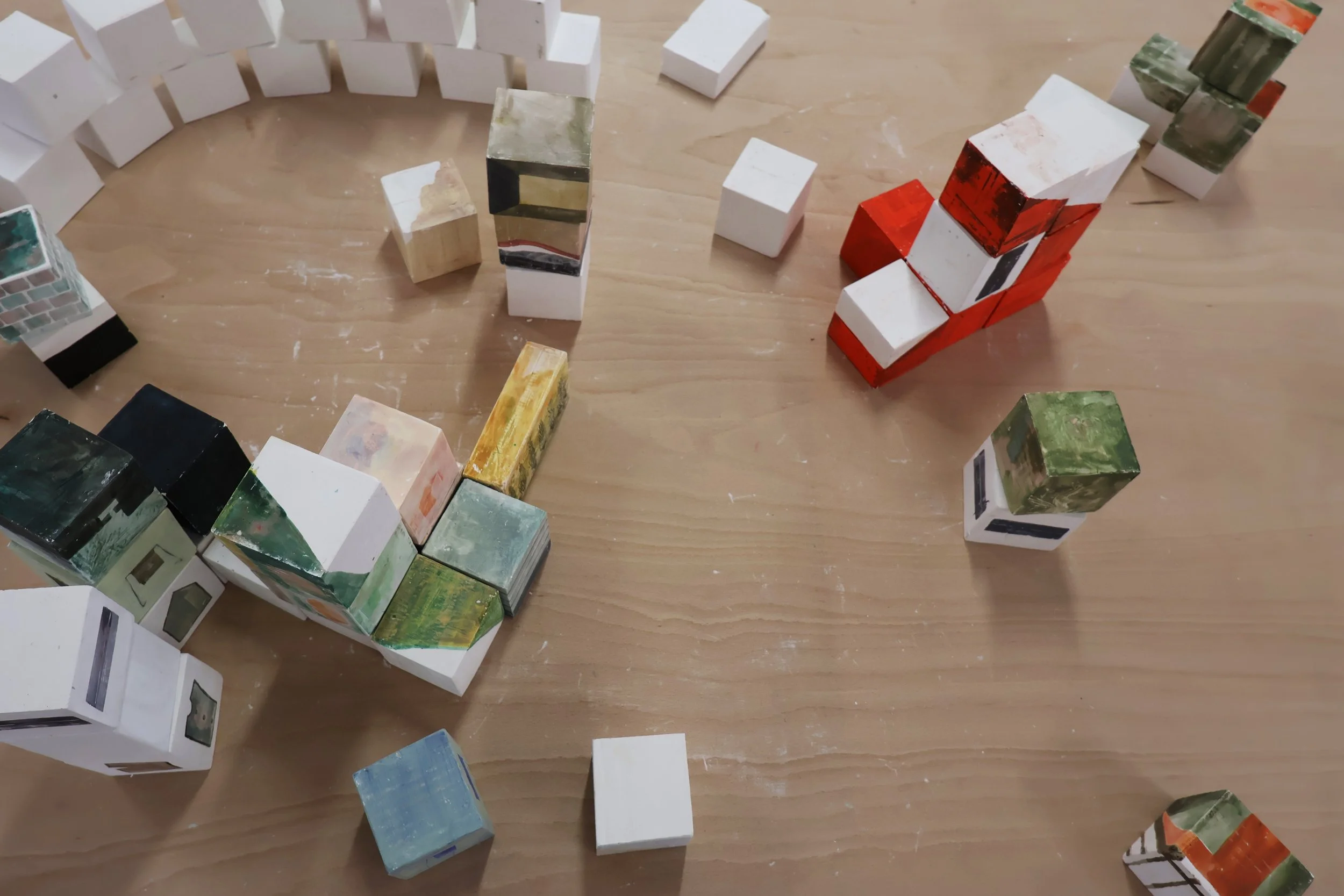 Blocks, acrylic on plaster, each 9 x 9 x 9 cm, 2026 (installation view from 'Interim' exhibition at Fusion Arts, March, 2026)