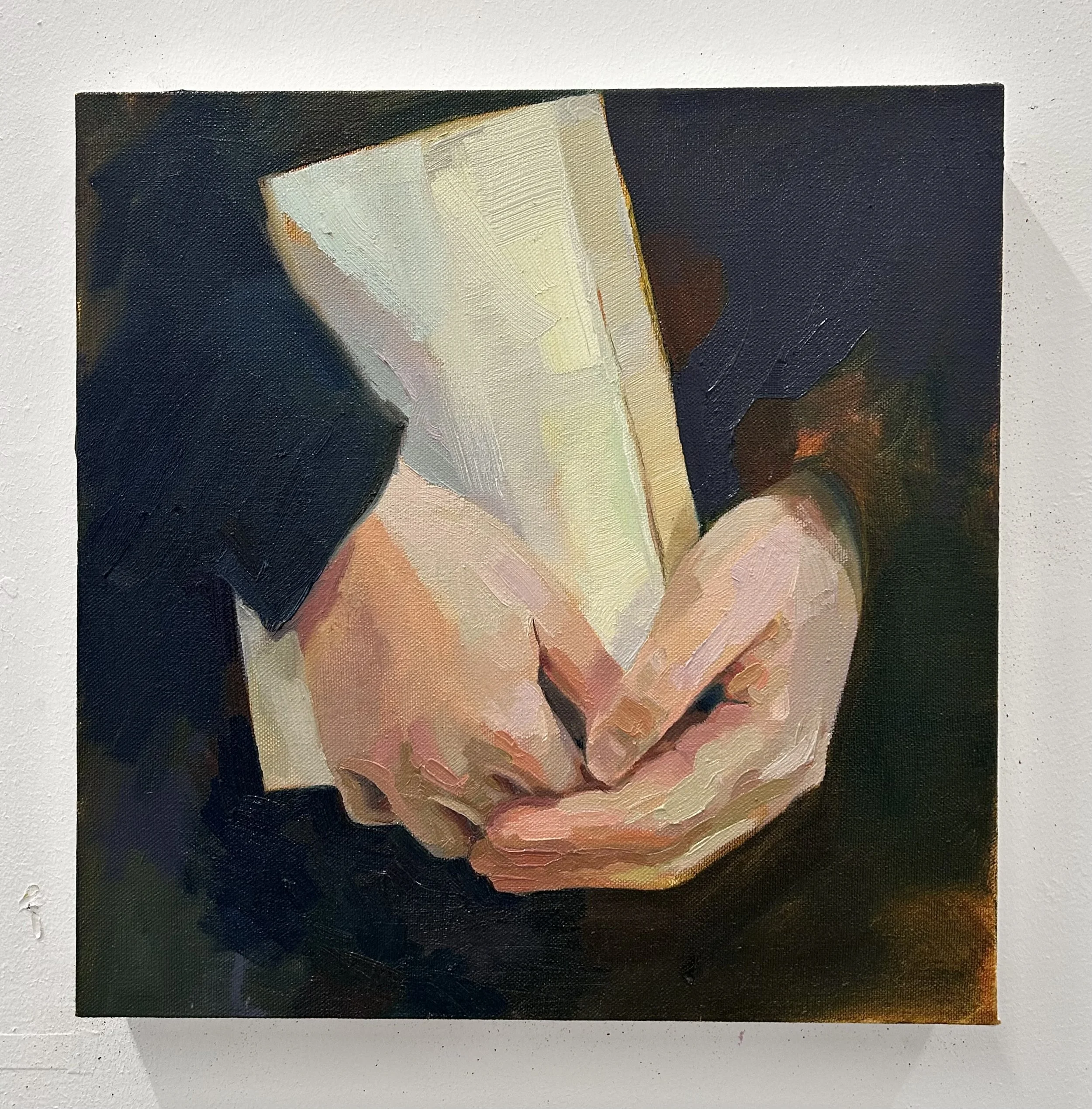 Holding The Book That's Lost Its Cover, Iteration 1, oil on canvas, 30 × 30 cm, 2024