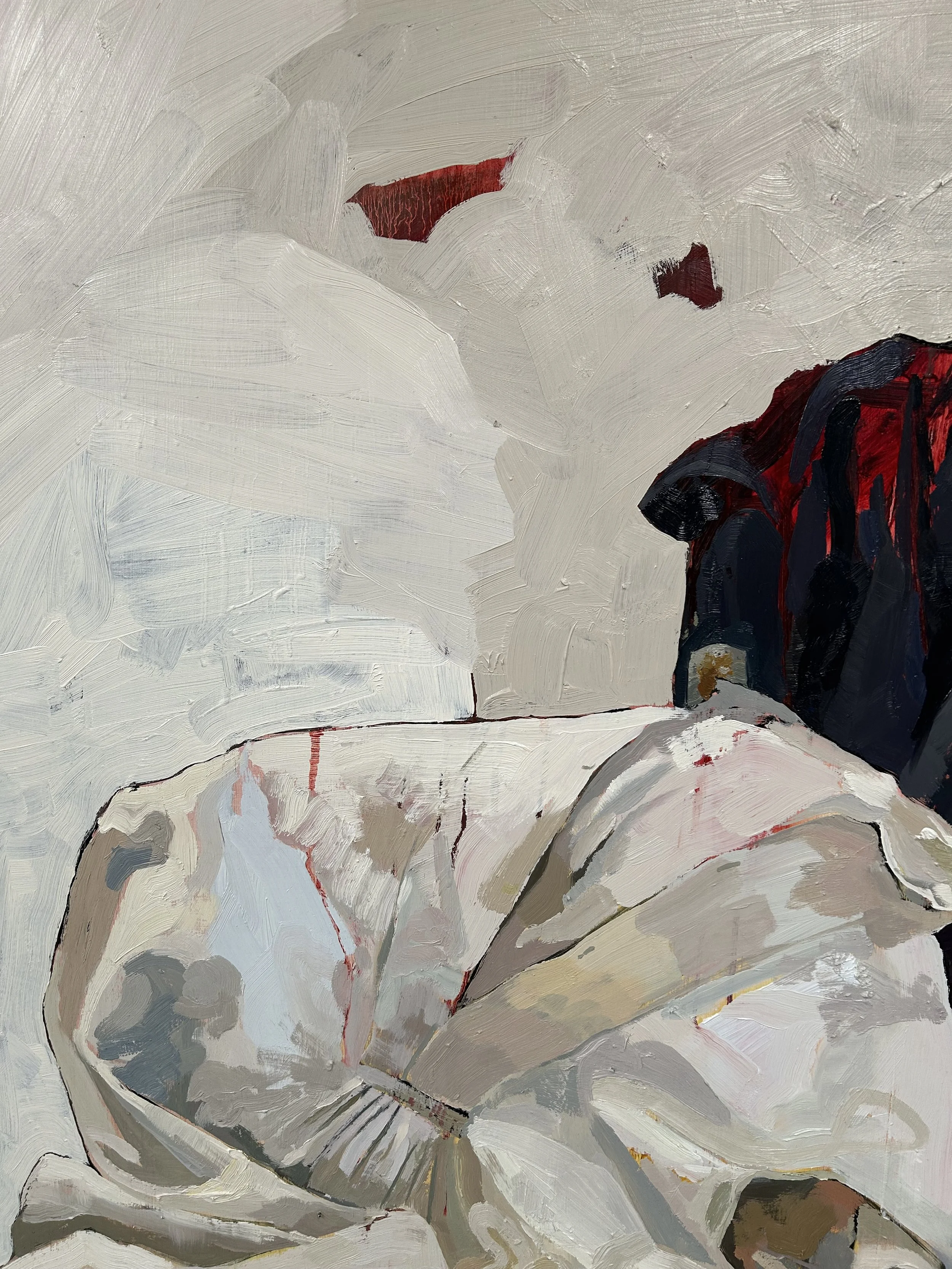 DETAIL OF: Linen Workwear Dresses and My Painting Jacket on Studio Chairs, oil on plywood, 152 x 122 cm, 2025