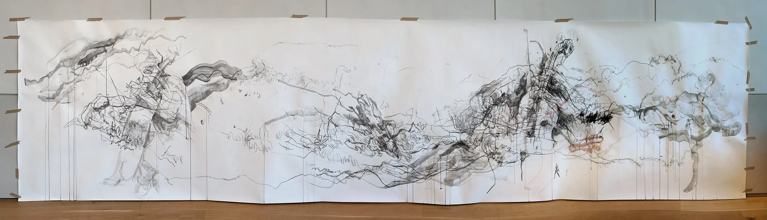 TRANSLATIONS drawing from LIVE x EMPRes event at Modern Art Oxford, water-soluble graphite and watercolour on paper, 150 × 600 cm, 2.5 hours