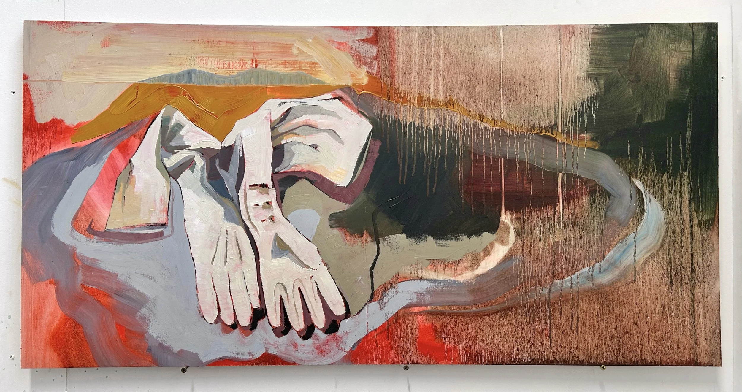 Leather Gloves, Dead Swan, Weather Systems, oil on plywood, 61 × 122 cm, 2025