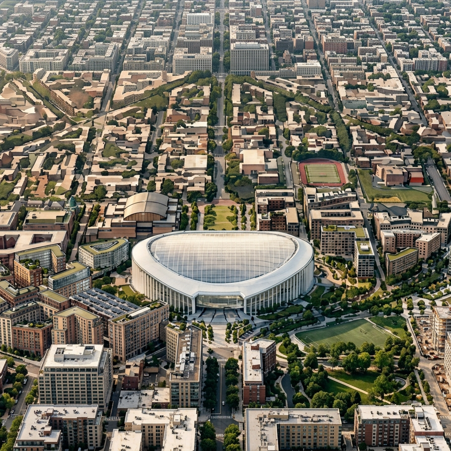 Aerial illustration of a large oval stadium surrounded by mixed-use buildings, streets, parks, and sports facilities in a dense urban neighborhood.