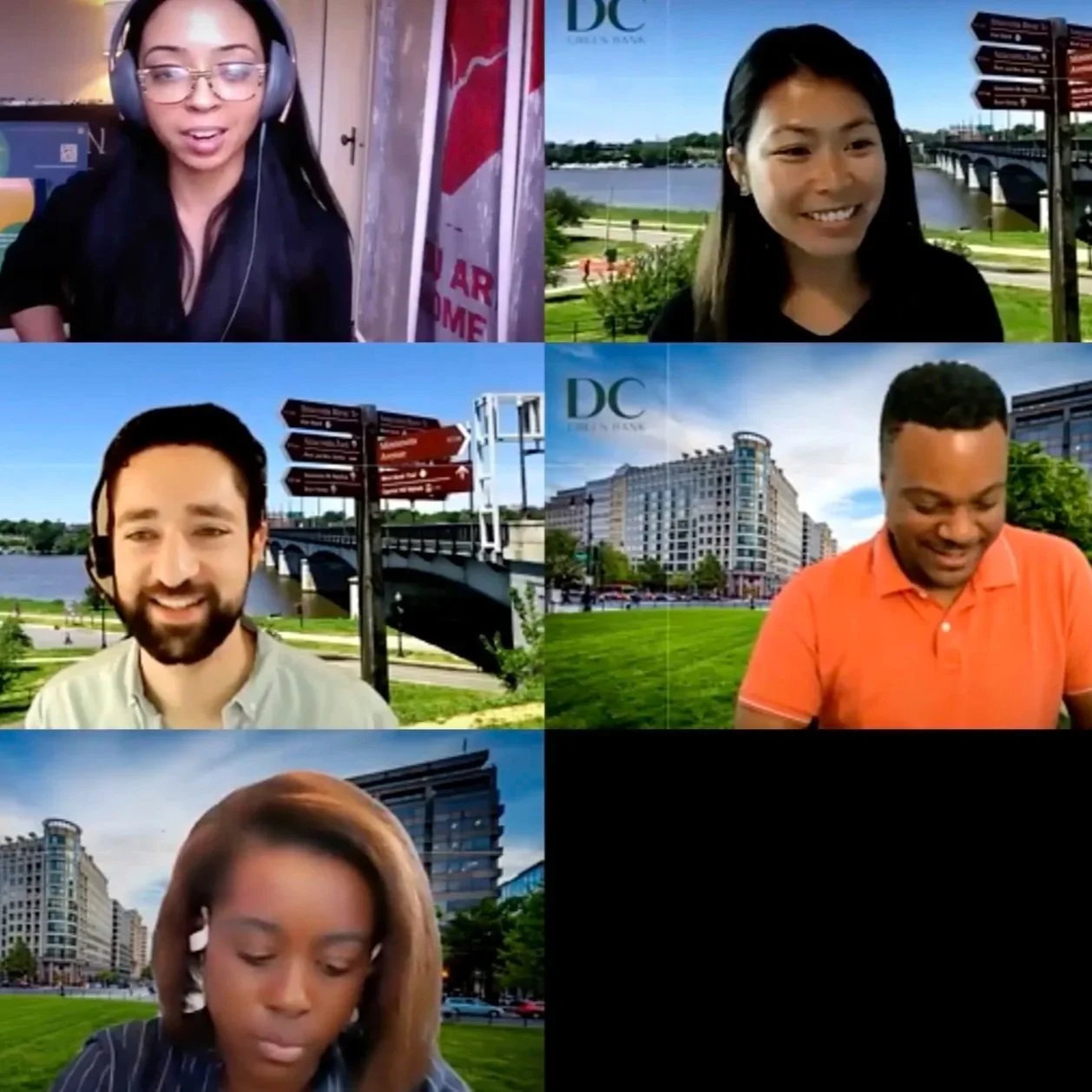 A group of seven people conveen in a Zoom room facilitated by LaToya Thomas of Brick & Story in the header image of the DC Green Bank project profile page.
