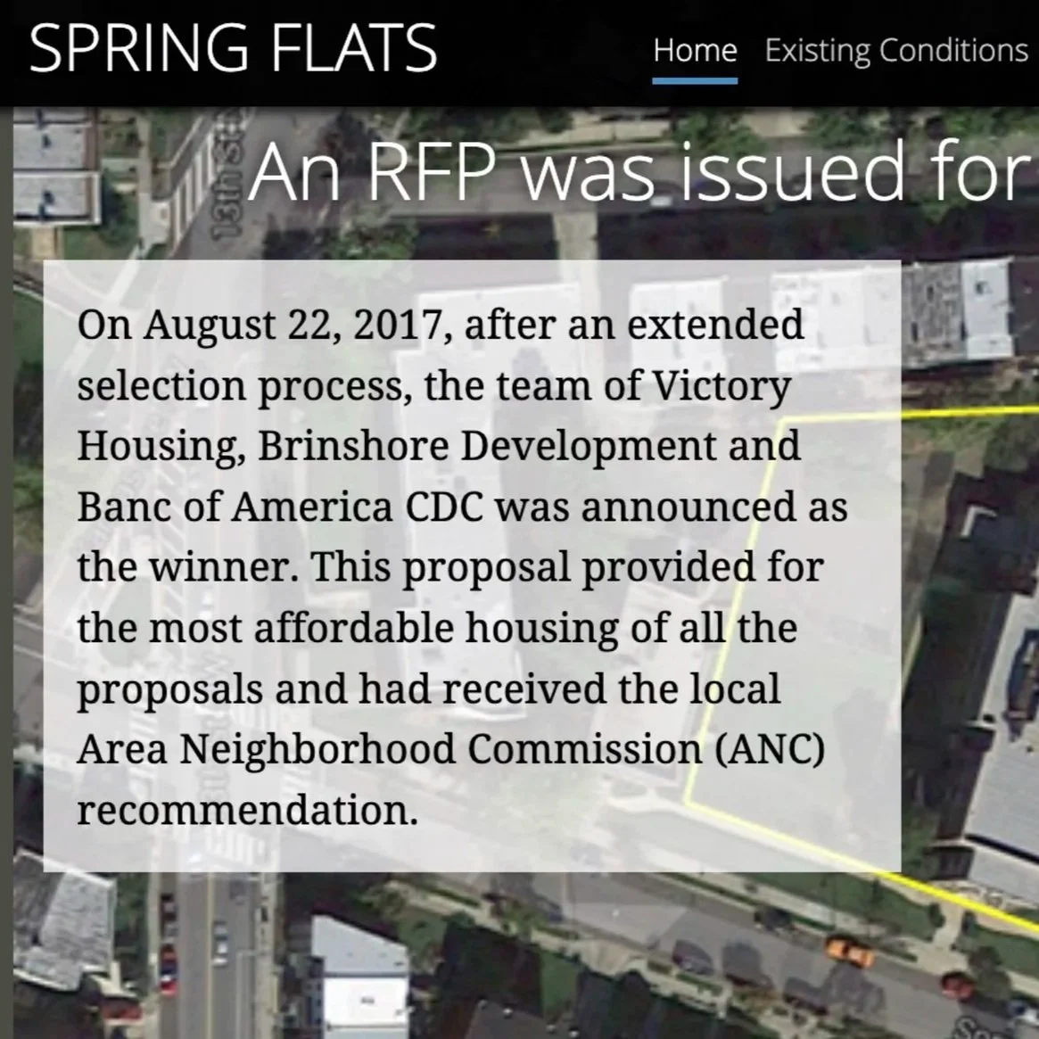 Image for the "Spring Flats" project, shows an aerial site map with text explaining the competitive selection process, the selection of the development team, and their commitment to affordable housing.