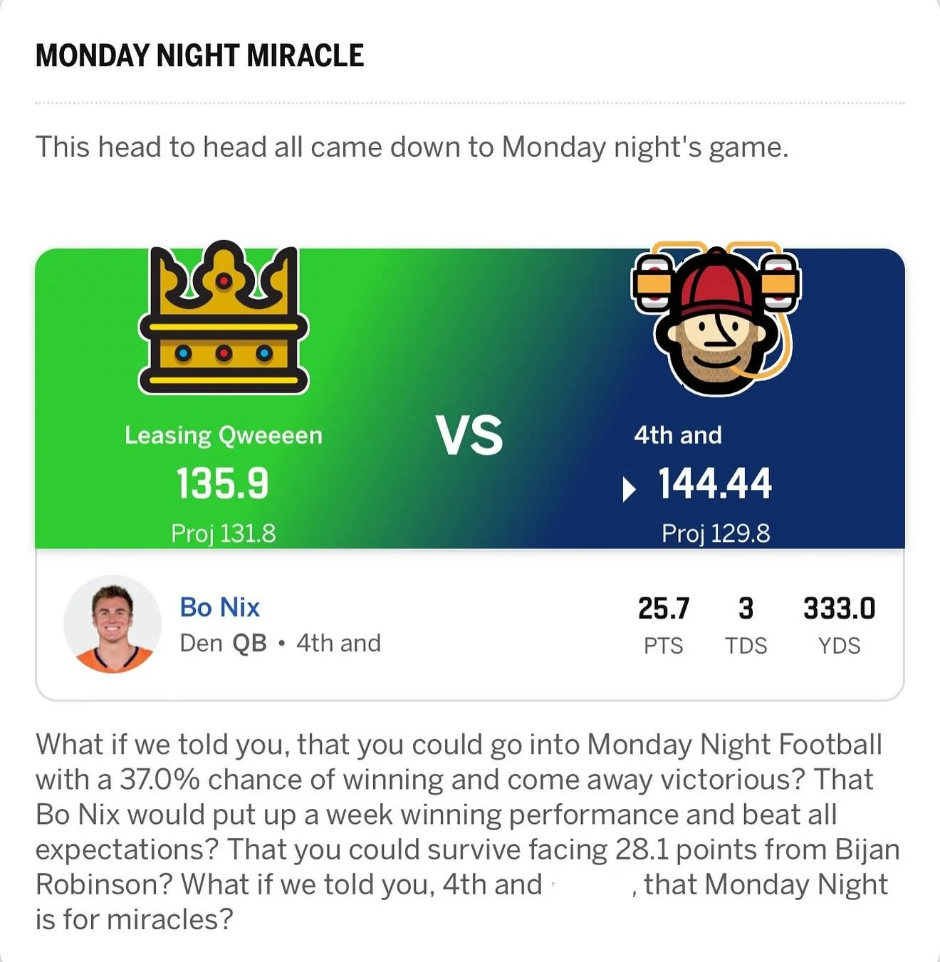 We have our first North Shore Flats fantasy football update! One of the residents defeated our leasing agent in a Monday Night Miracle. 🏈 🌟Bo Nix hasn&rsquo;t been doing so hot this season, but he saved the week this time! 💯 #northshorepittsburgh 
