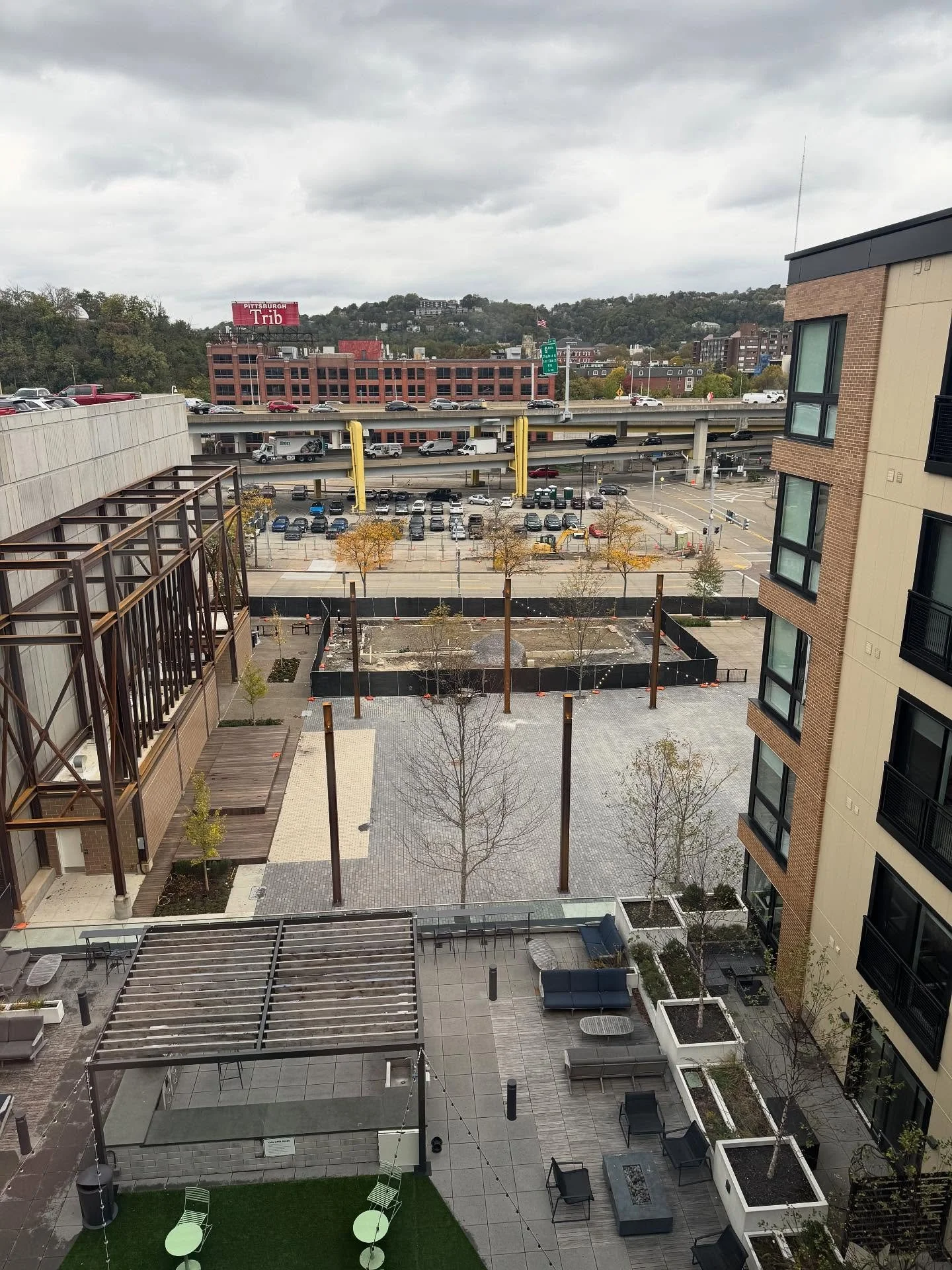 Look at this aerial view of the nearly finished Pirates Plaza from one of our apartments! It&rsquo;s an open air plaza with outdoor seating, large LED screen, a stage, 3 new restaurants, and one beer garden. Our residents are really looking forward t