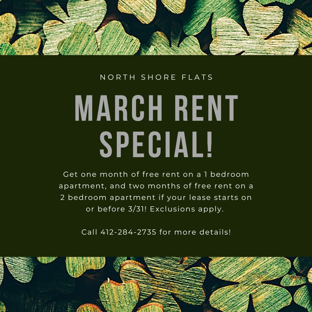 Feeling lucky? 🍀 Save big on a one or two bedroom apartment with one or two months of free rent if your lease starts on or before 3/31! Exclusions apply. Call 412-284-2735 for more details ✨ ⚡️ #northshoreflats #northshorepgh #pittsburghapartments #