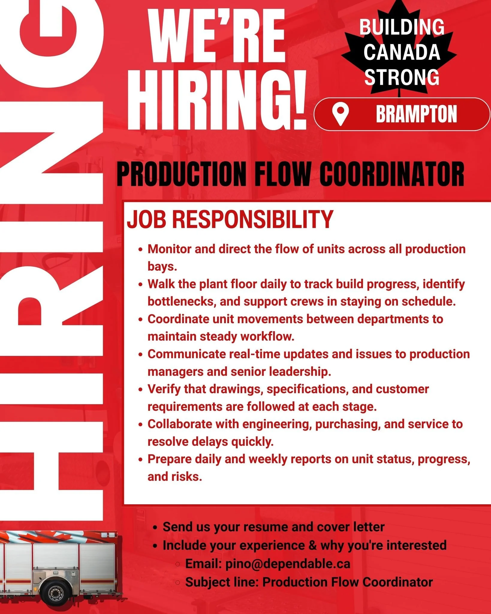 Dependable Emergency Vehicles in Brampton is hiring a Production Flow Coordinator! 🚒 

Lead and coordinate the daily movement of our emergency vehicles across the plant floor, ensuring every unit stays on schedule and meets top-quality standards. Jo