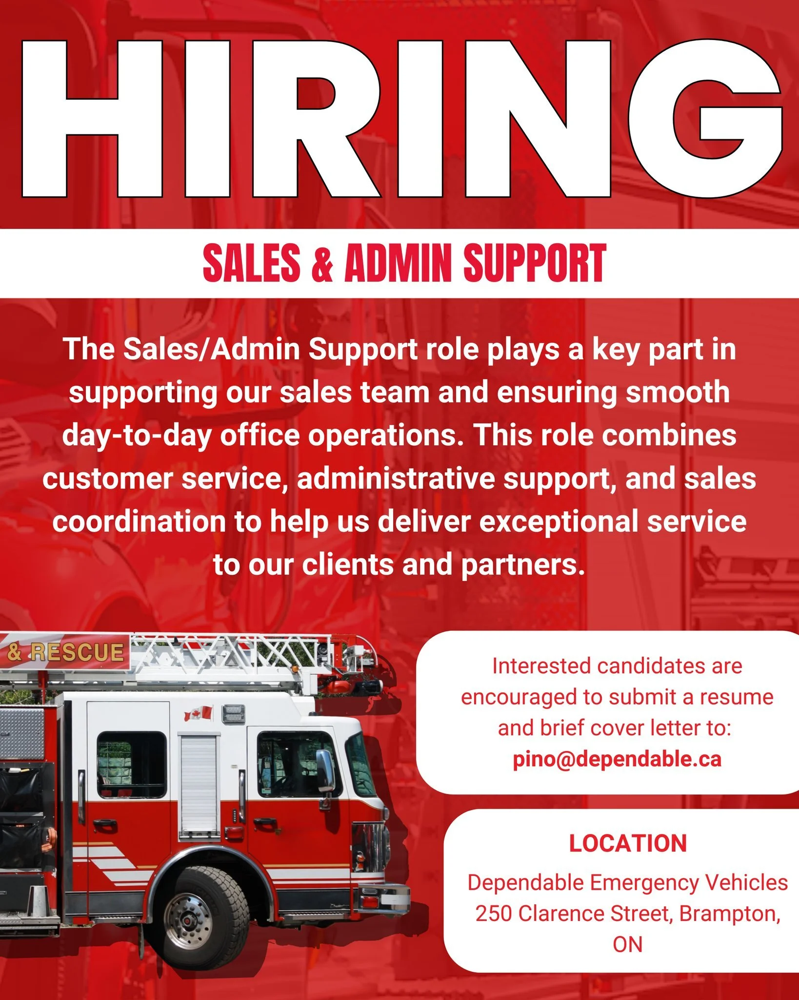 🚨 We&rsquo;re Hiring! 🚨

Dependable Emergency Vehicles is a proudly Canadian, family-owned company with over 50 years of experience building custom fire trucks and specialty vehicles. We&rsquo;re committed to safety, quality, and innovation and we&